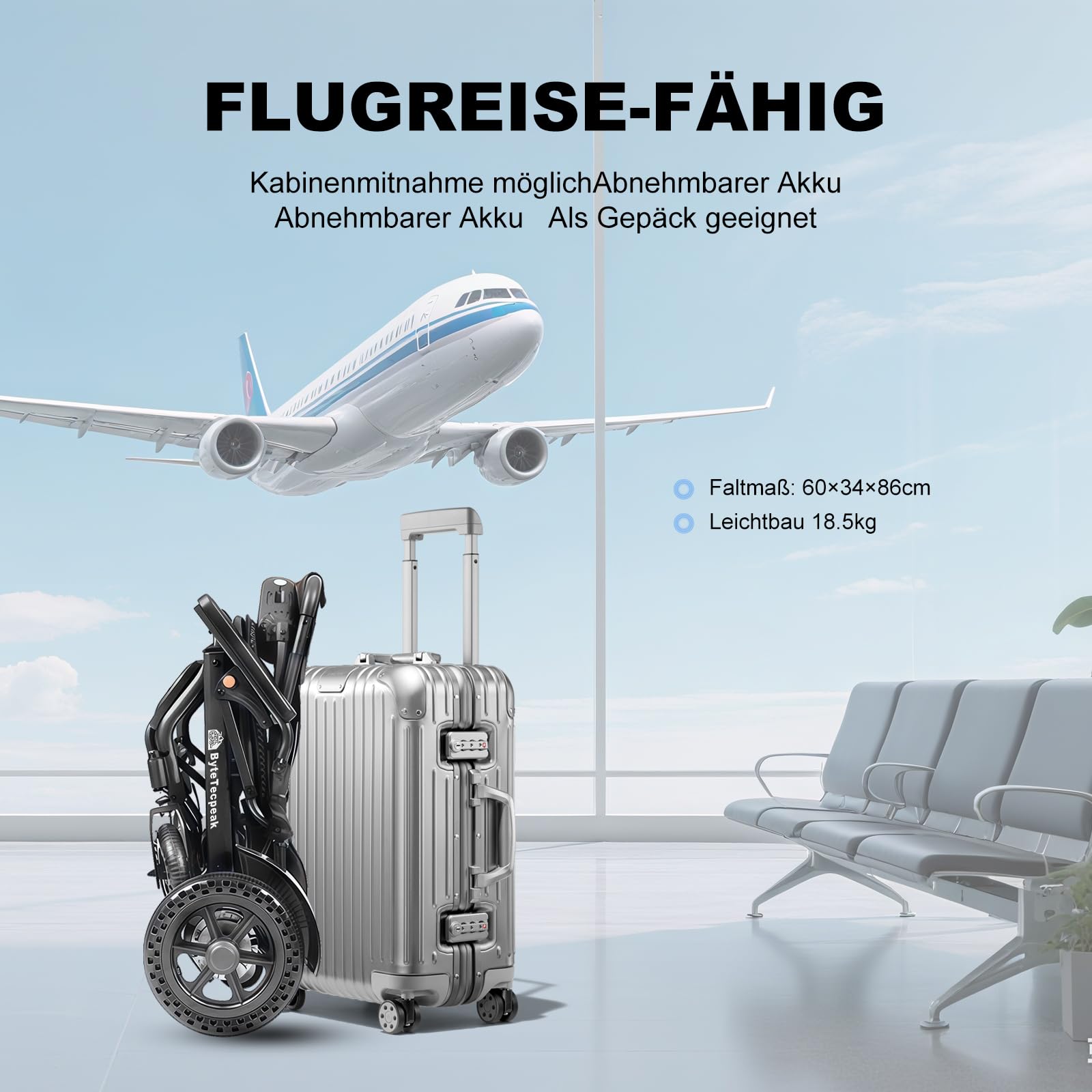 D04 Kompakter faltbarer Elektrorollstuhl mit 500W starkem Motor, 10Ah abnehmbarer Batterie, 20 km Reichweite, 150 kg Tragkraft, Carbon-Alu-Rahmen, geeignet für jede Geländeart
