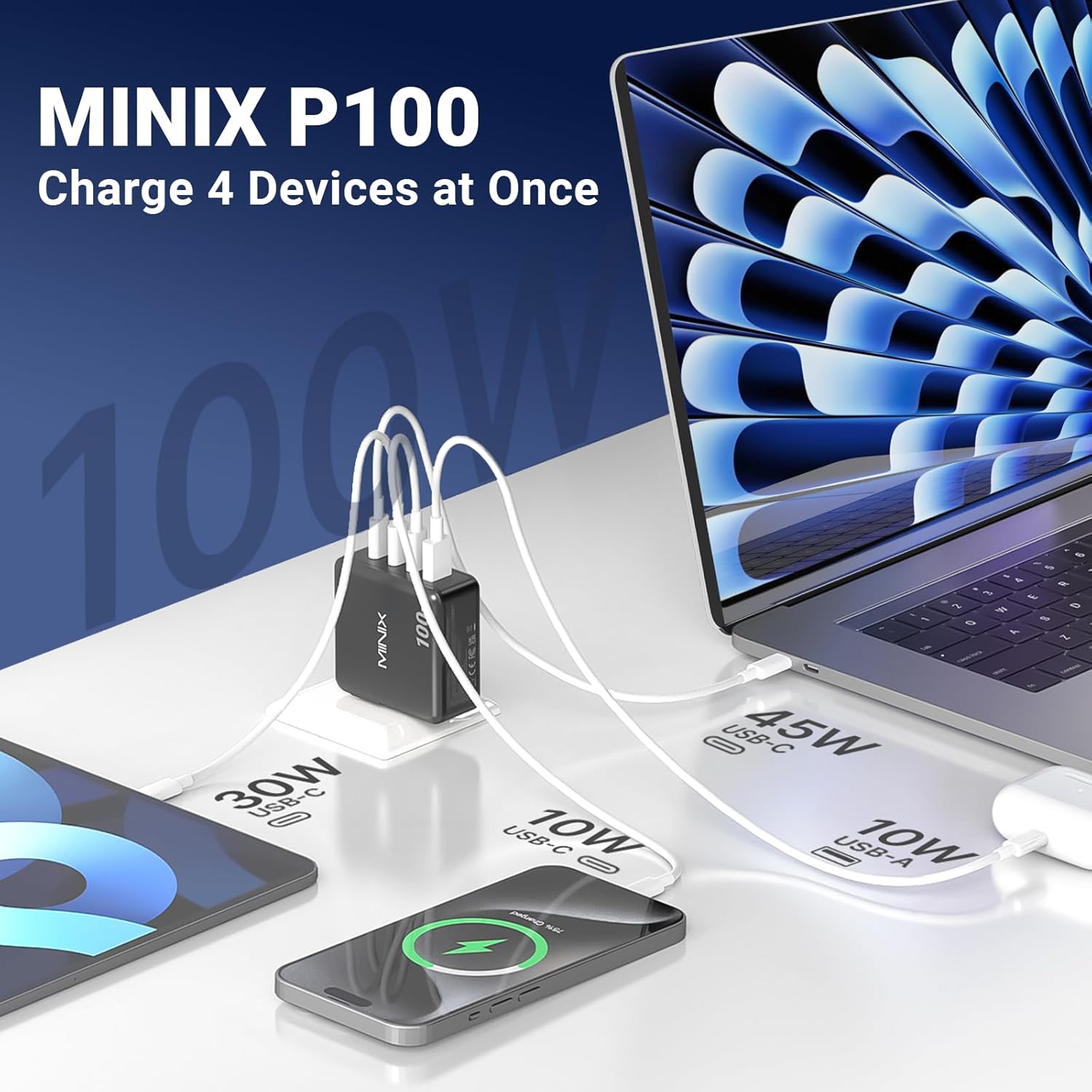 MINIX 100W USB C Charger, 4-Port Fast GaN Charger, Compact Foldable Wall Charger, Compatible with MacBook Pro/Air, iPad Pro, iPhone 17/16/15 Series, Galaxy S25/S24, and More for Home, Travel - Image 2