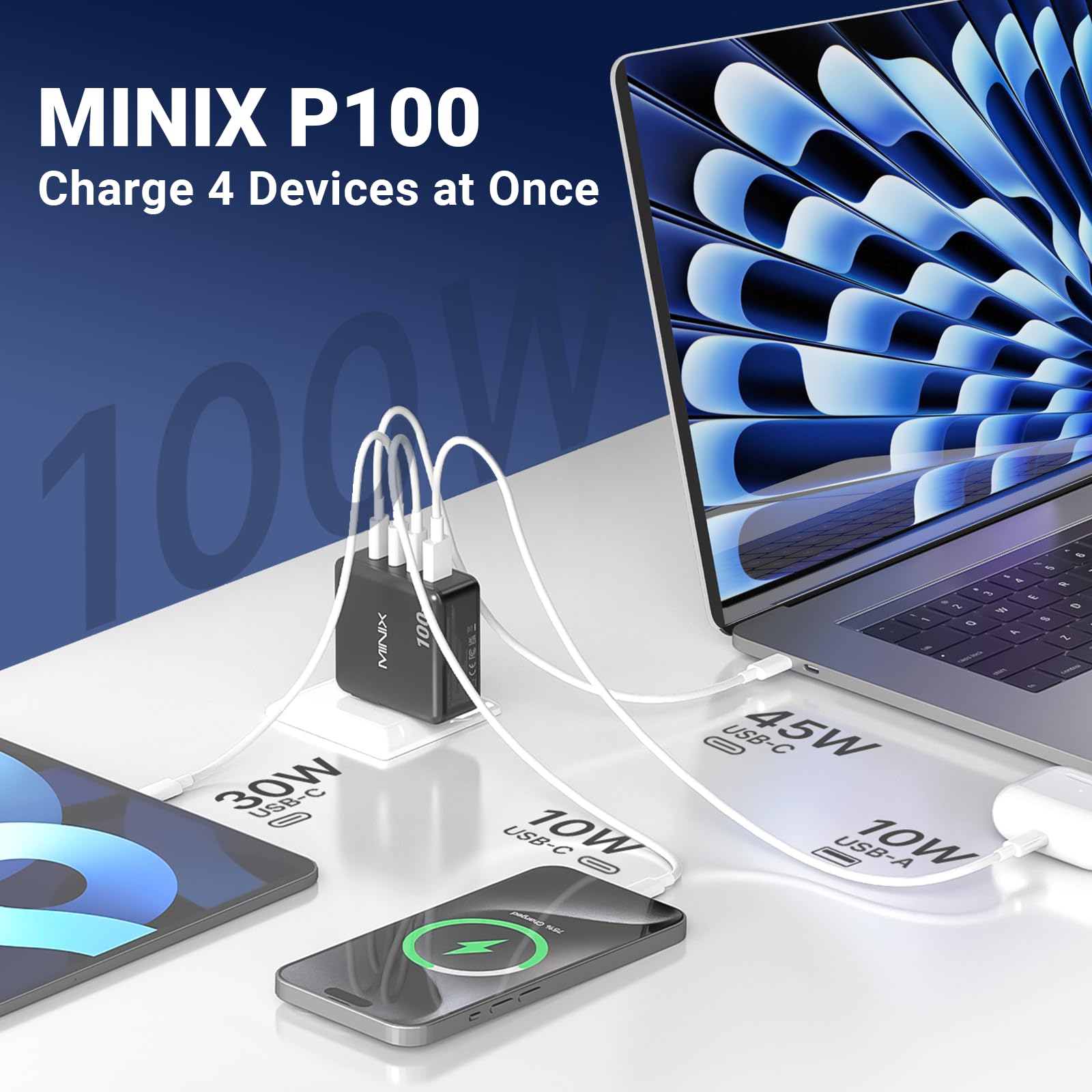 MINIX USB C ladegerät 100W, 4-Port USB-A/C Foldable Fast PPS Gan Charger (Max 100W/30W/22.5W), Compatible with MacBook Pro/Air, iPad, iPhone 15/16 Pro, Galaxy S24, and More for Home, Traveling