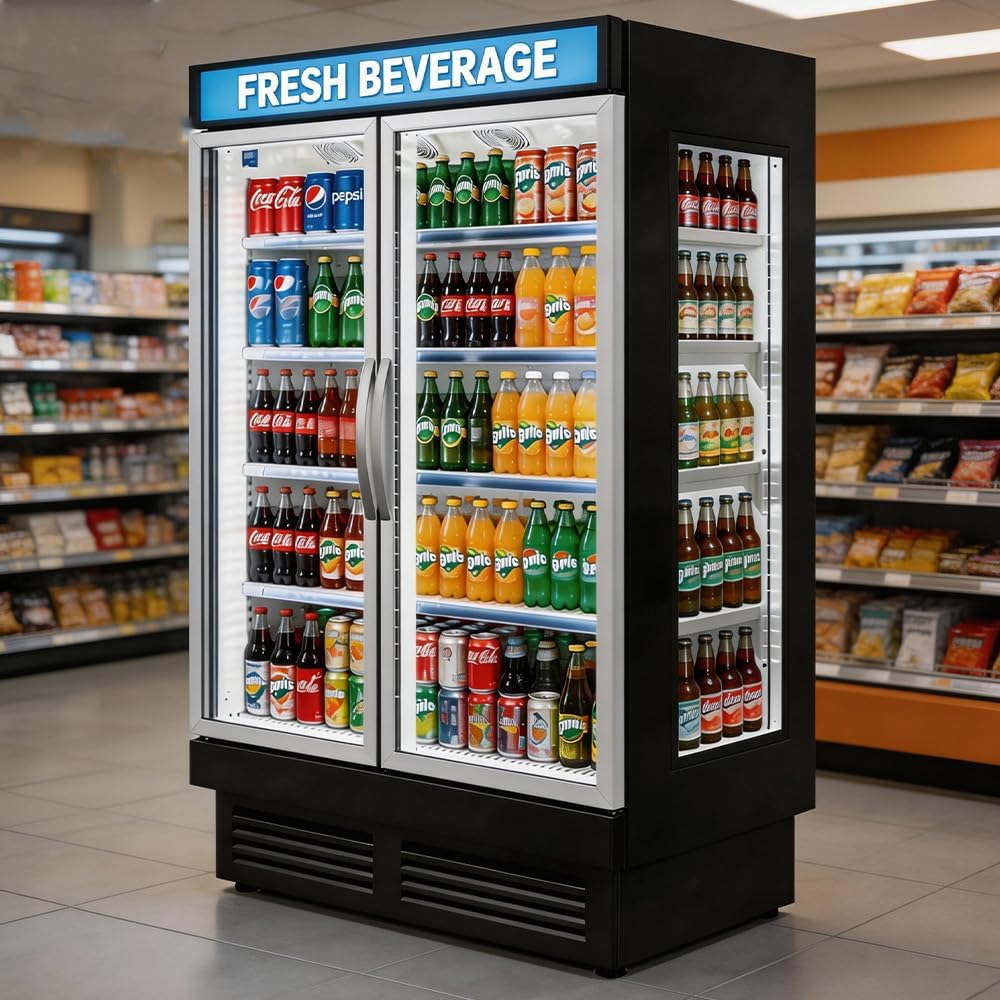 Commercial Refrigerator Beverage Display Cooler,2 Glass Doors Commercial Drink Fridge With LED Light 9 Adjustable Shelves,ETL Approval,55" Wide,48 Cuft