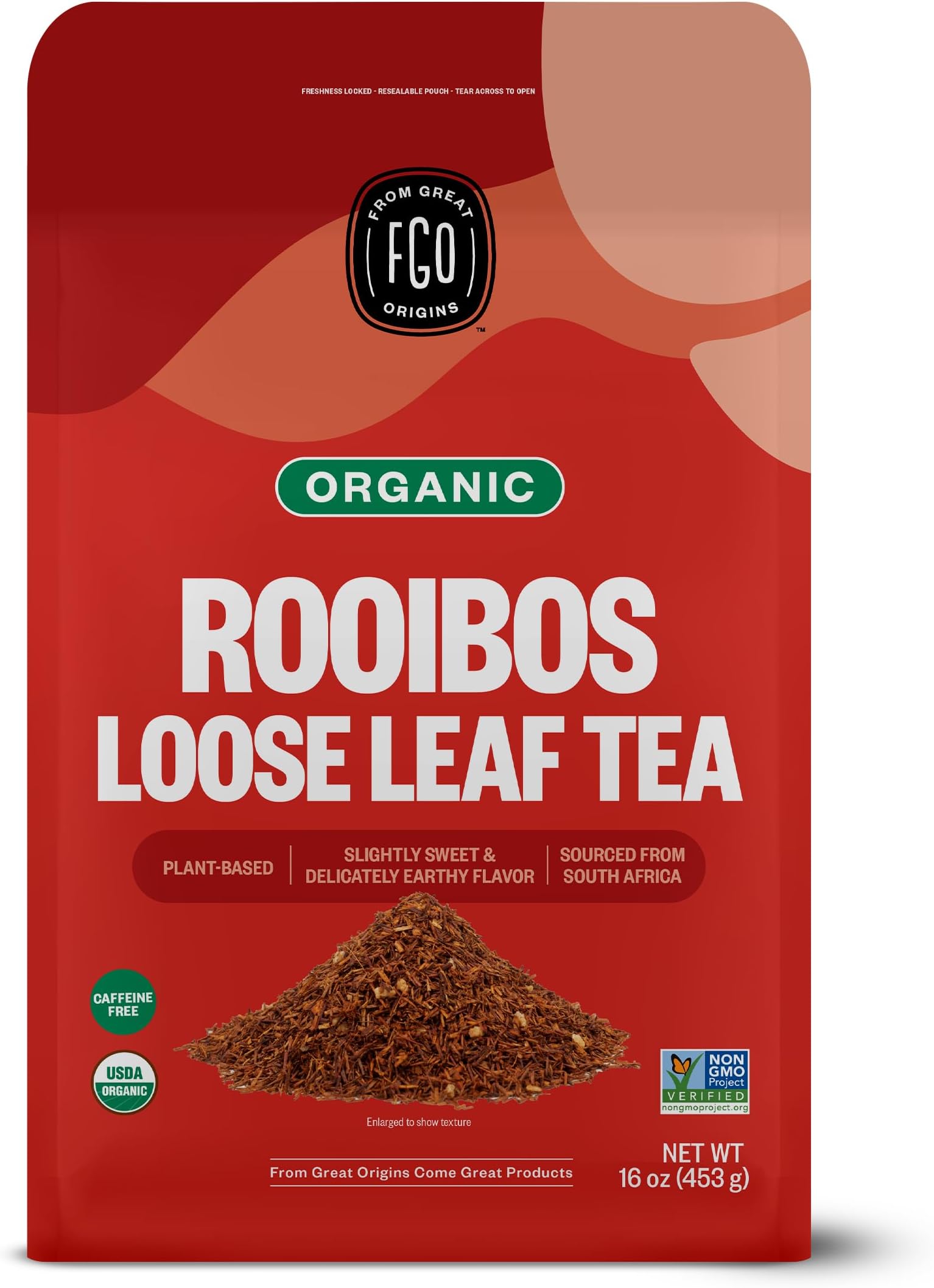 FGO Organic Rooibos Tea, Loose Leaf, 453g, Resealable Bag, Packaging May Vary (Pack of 1)