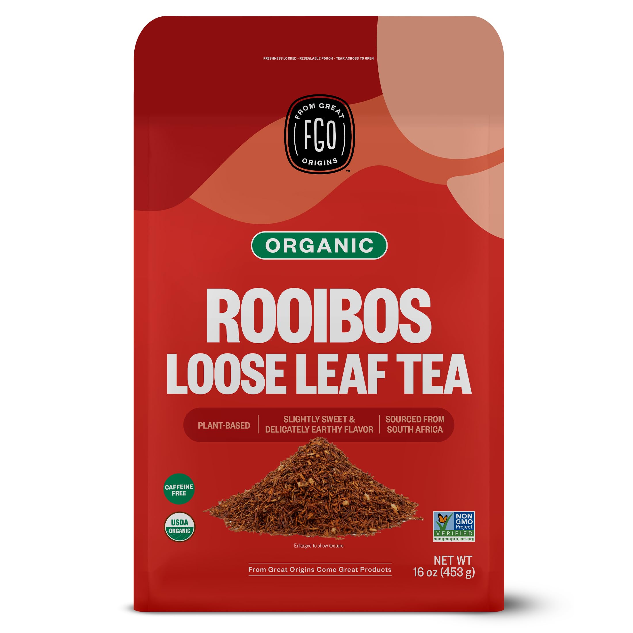 FGO Organic Rooibos Tea, Loose Leaf, 453g, Resealable Bag, Packaging May Vary (Pack of 1)