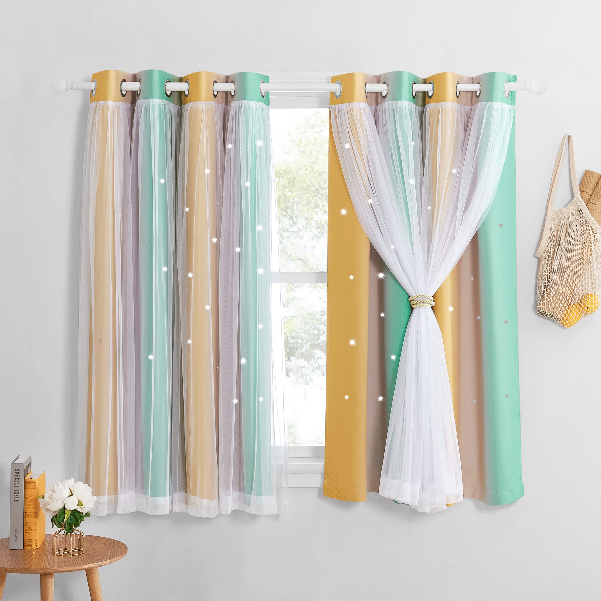 NICETOWN Blackout Star Curtains with Sheer - Thermal Curtains for Kids Bedroom Nursery Girls Living Room Rainbow Drapes with Eyelet for Windows, 2 Panels W52 x L54 Inch (132x137 cm) Yellow Pink Green