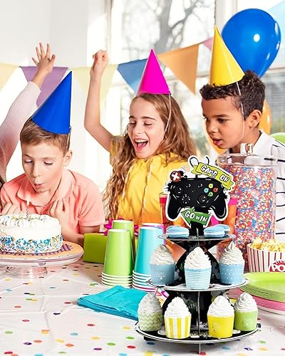 Vista 7 de Soporte para cupcakes de videojuegos – Suministros de fiesta de videojuegos para niños, jugadores, cumpleaños, 3 niveles, soporte para cupcakes