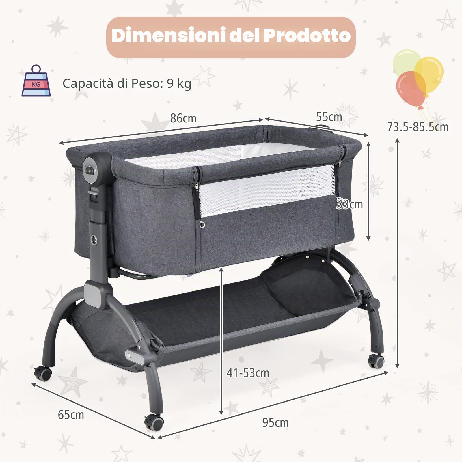 RELAX4LIFE Culla Neonato Fianco Letto, con Materasso, Zanzariera Cinghia Fissaggio, Regolabile In Altezza 7 Posizioni, Borsa di Trasporto, per Bambini 0-6 Mesi fino a 9kg (Grigio1)