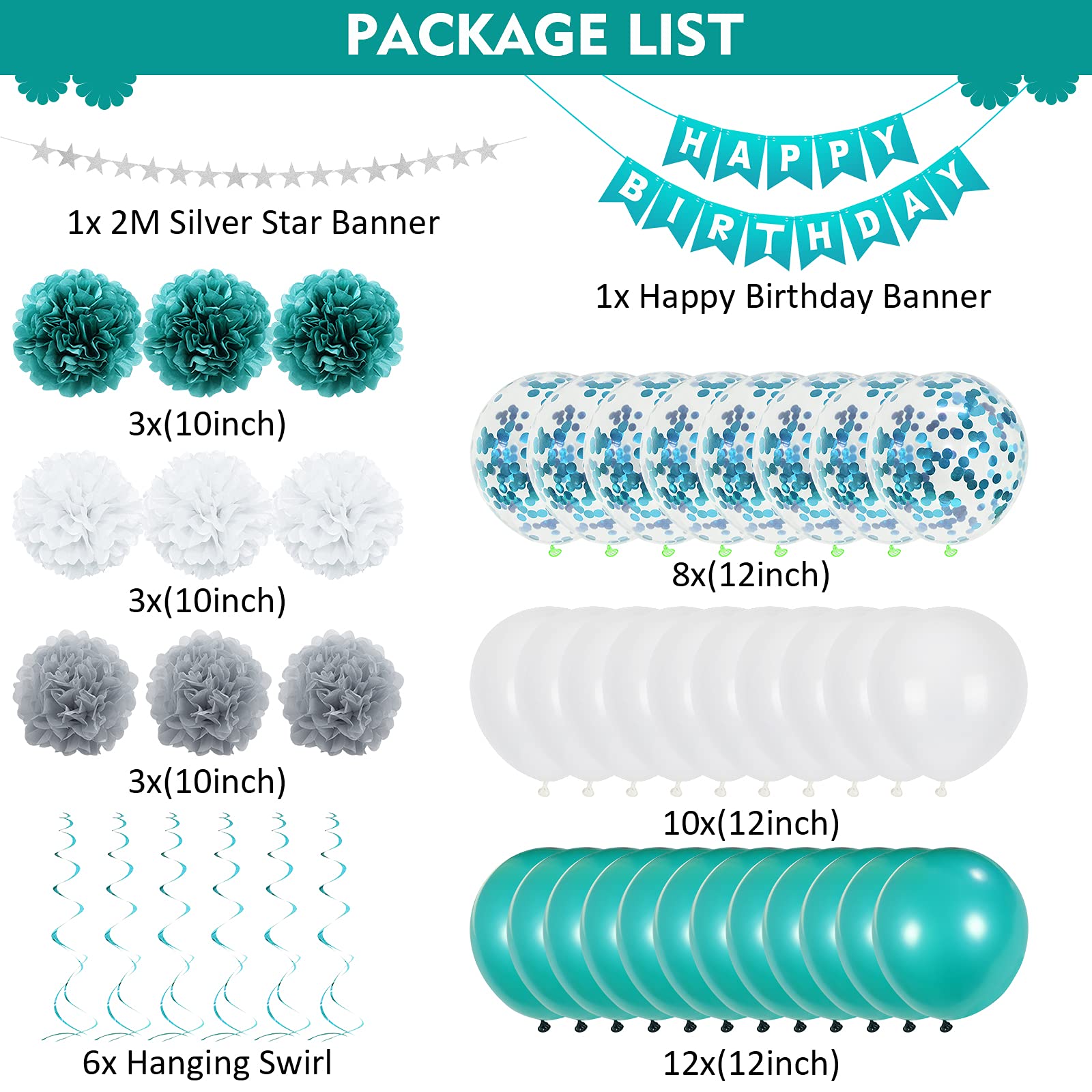 Unisun Anniversaire Fête Décoration 47Pcs Teal Bleu Joyeux Anniversaire Bannière Argent Star Bunting Suspendu Spirale Vert Gris Blanc Papier De Soie Pompons Latex Confitte Ballons Fournitures Décor