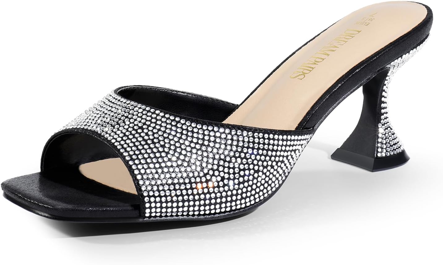 DREAM PAIRS Women’s Clear Heels Square Toe High Stiletto Mules Slip on Wedding Dress Heel Sandals,Size 8.5,BLACK-RHINESTONE,DHS215-2