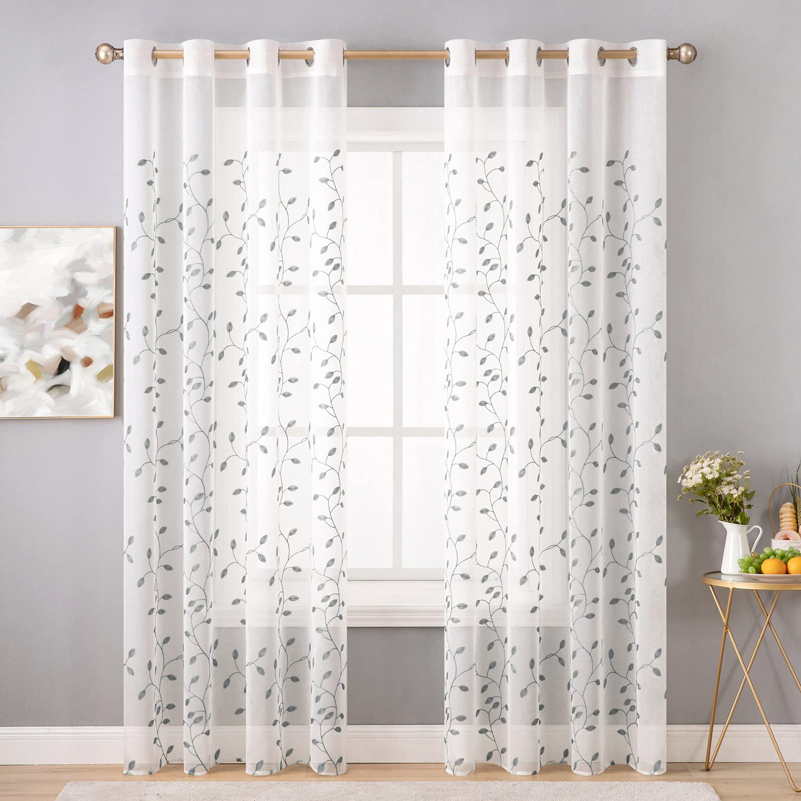 MIULEE Sheer Vorhang Voile Blumen Stickerei Vorhänge mit Ösen transparent Gardine 2 Stücke Ösenvorhang Gaze paarig schals Fensterschal für Wohnzimmer Schlafzimmer 145 cm x 140 cm(H x B) 2er-Set