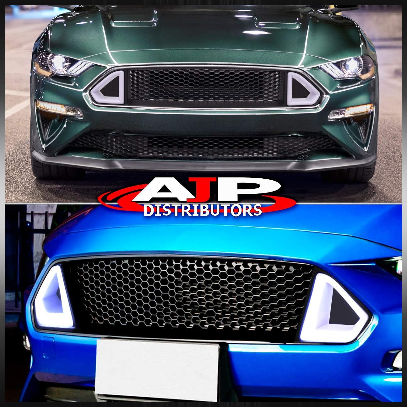 AJP Distributors Front Upper Hood Bumper Honeycomb Mesh Grille w/Triangle LED DRL Tube Bar Accent Vent Driving Light Grill Replacement For Mustang S550 GT 5.0 Coyote V8 EcoBoost V6 2018 2019 2020