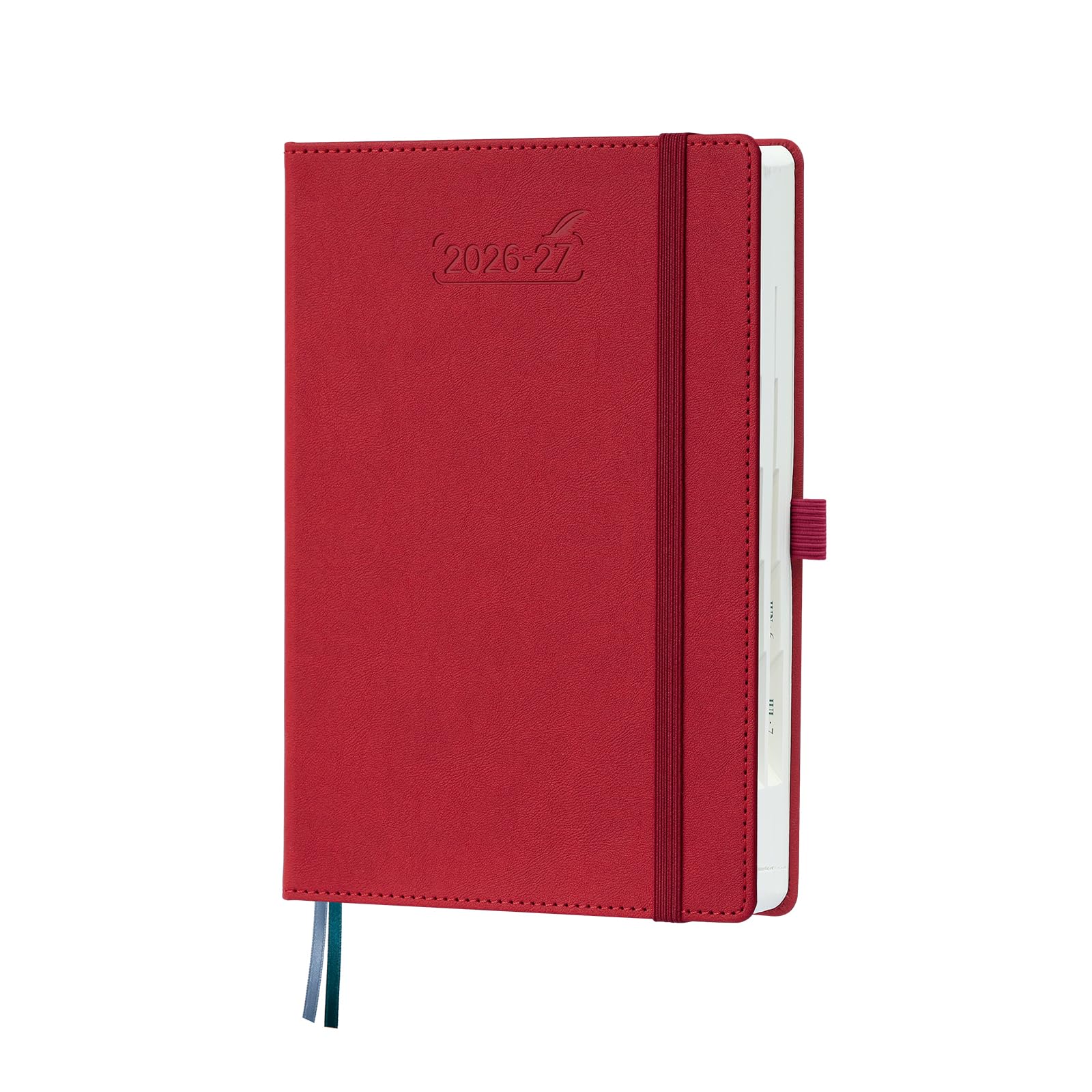 BEZEND A5 Academic Diary 2026-2027 Page A Day (Aug'26-Jul'27). 12-Month Daily Planner with 30 Minute Intervals. Appointment Book with Tabs & Pocket. for Work and Home. PU Leather Hardback, Red