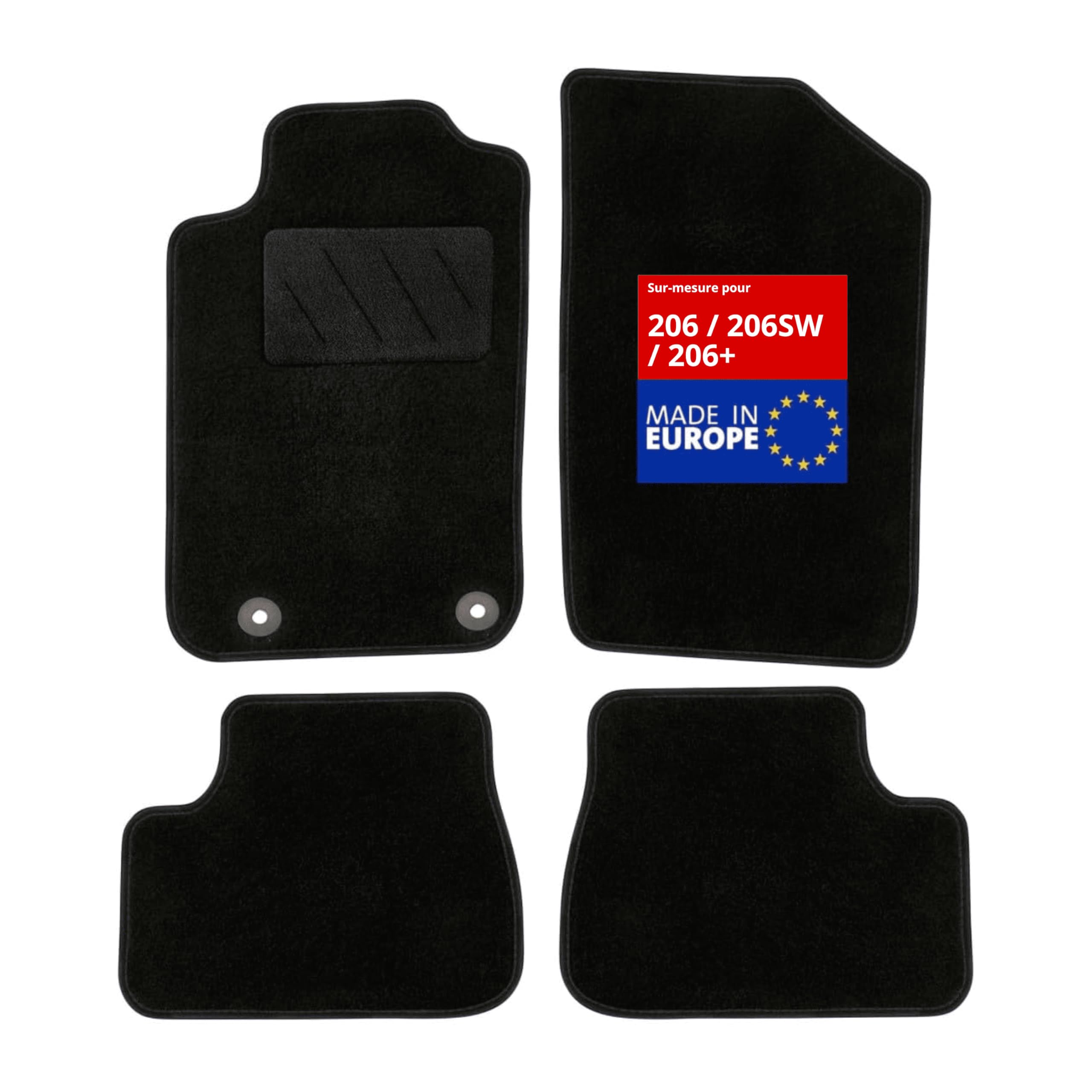 DBS - Tapis de Voiture sur Mesure - Adapté à Votre Peugeot 206 / 206SW / 206+ (09/1998-12/2014) - Antidérapant : Clips de Fixations et Scratch - Tapis de Sol 4 pièces - Moquette - Noir