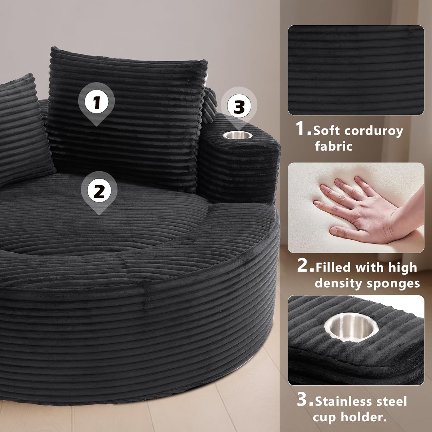 55.5" Oversized Round Cloud Chaise Lounge Chair, Comfy Boneless Couch Chair, Memory Foam Single Sleeper Sofa with 3 Pillows & Cup Holder for Living Room,Bedroom,Apartment,Office (Black)