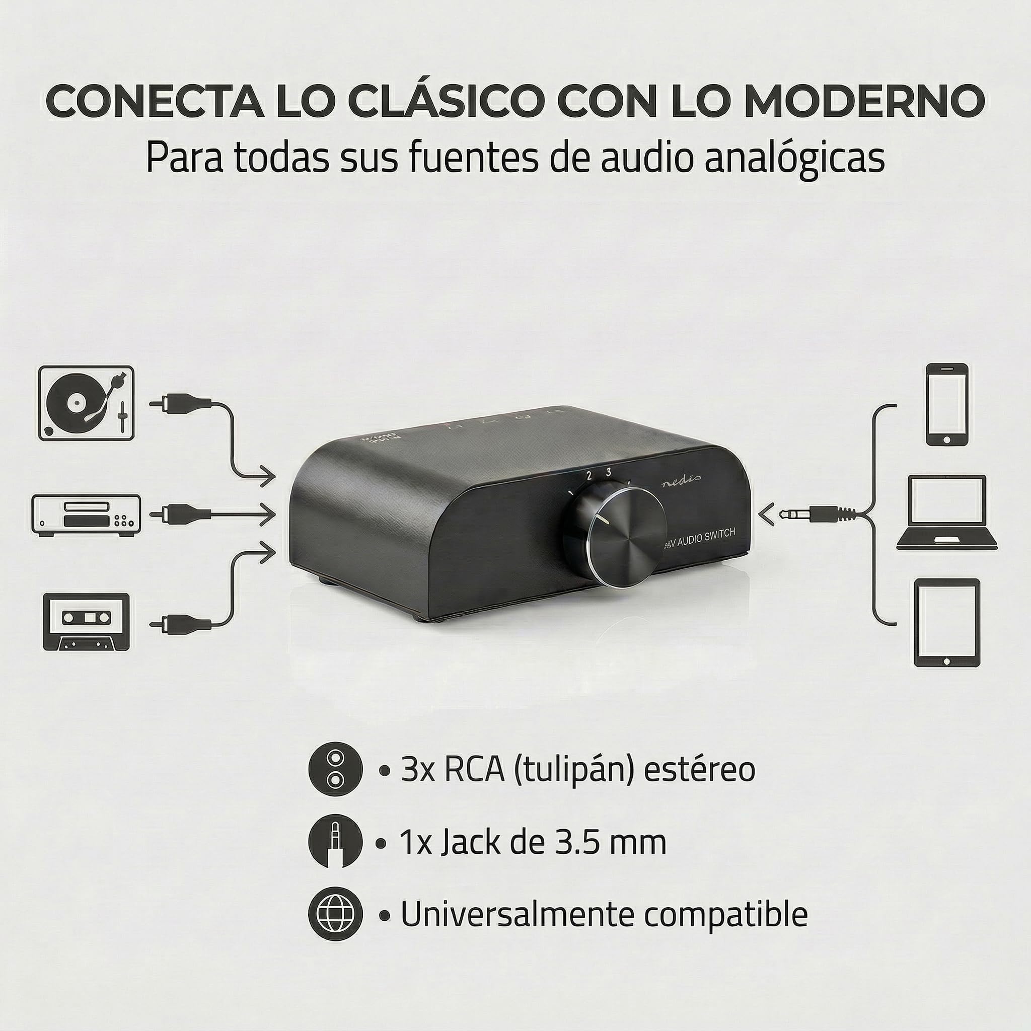 Nedis Interruptor de Audio analógico, Puerto de 4 Puertos, Conexiones, Entrada: 1 Entrada de Audio de 3,5 mm / 3 x (2 Conectores RCA Hembra), Conexiones, Salida: 1 x (2 Conectores RCA) | Manual |