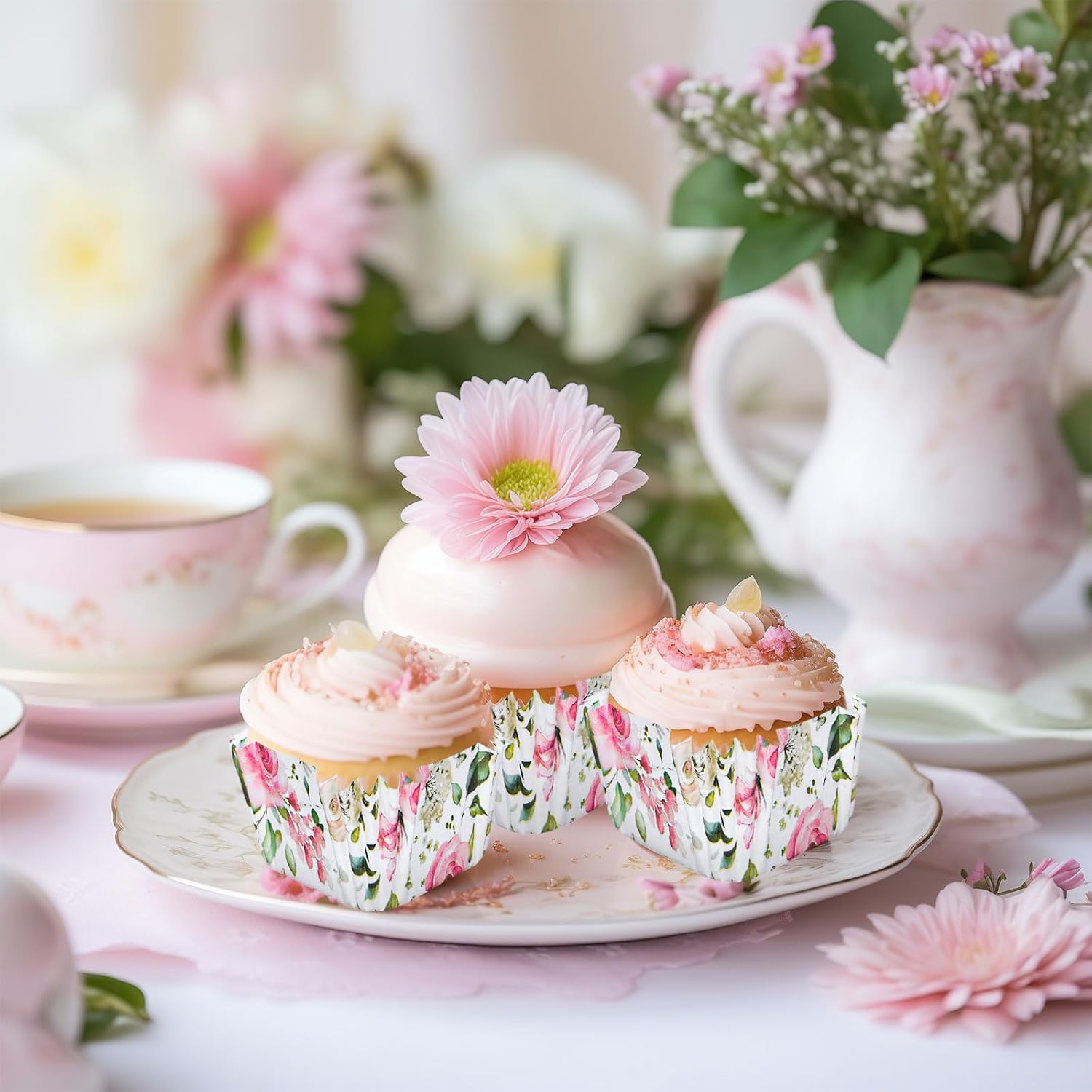 Whaline 500Pcs Floral Mini Square Cupcake Liners Spring Summer Watercolor Flower Cupcake Wrappers Pink Rose Baking Liner Cup Holders for Wedding Bridal Bridal Baby Shower Birthday Party Decor