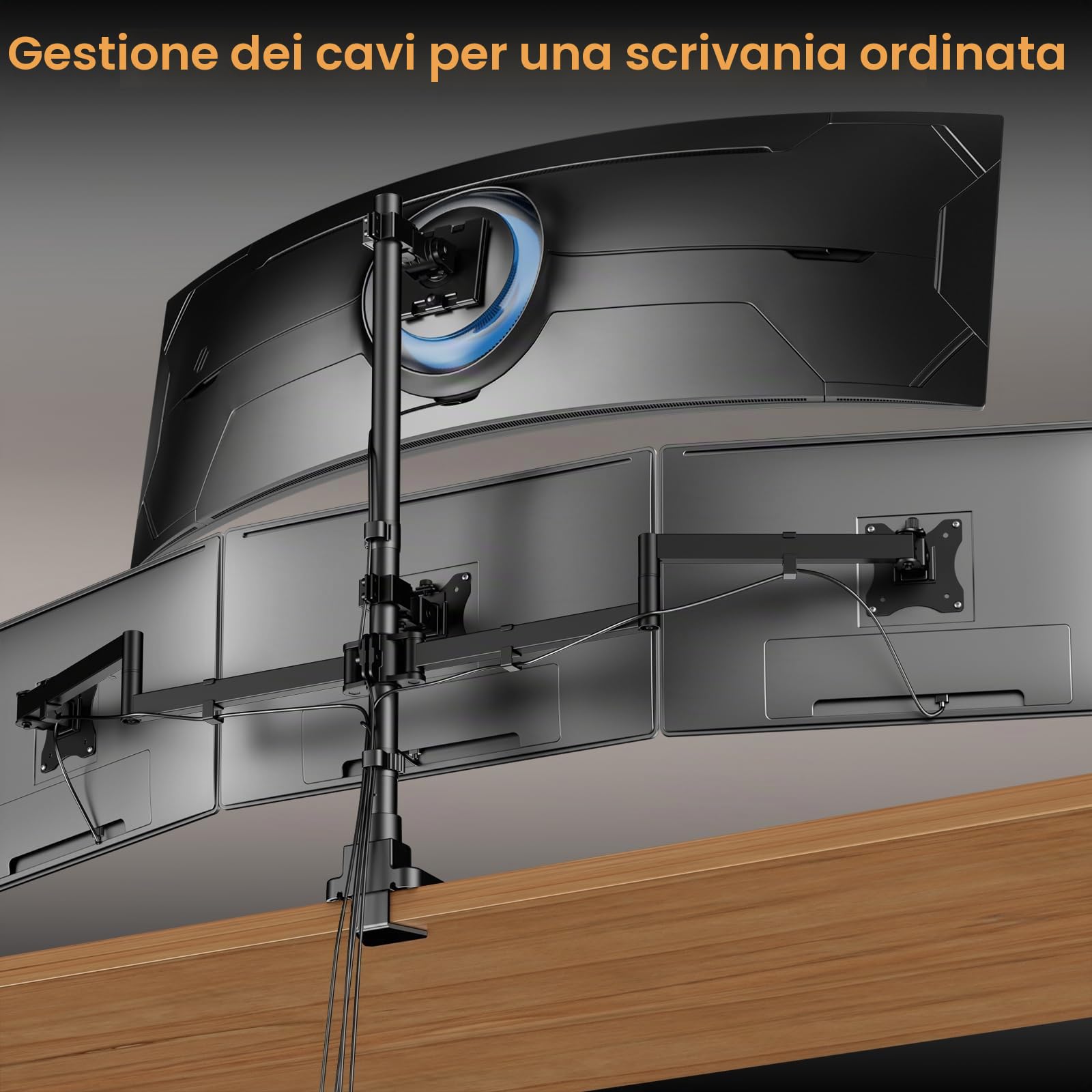 Supporto per Monitor 4 Schermi fino a 49 Pollici Ultra-Wide & 3x 27 Pollici su Bracci Inferiori, Regolabile in Altezza, VESA 75/100, Nero