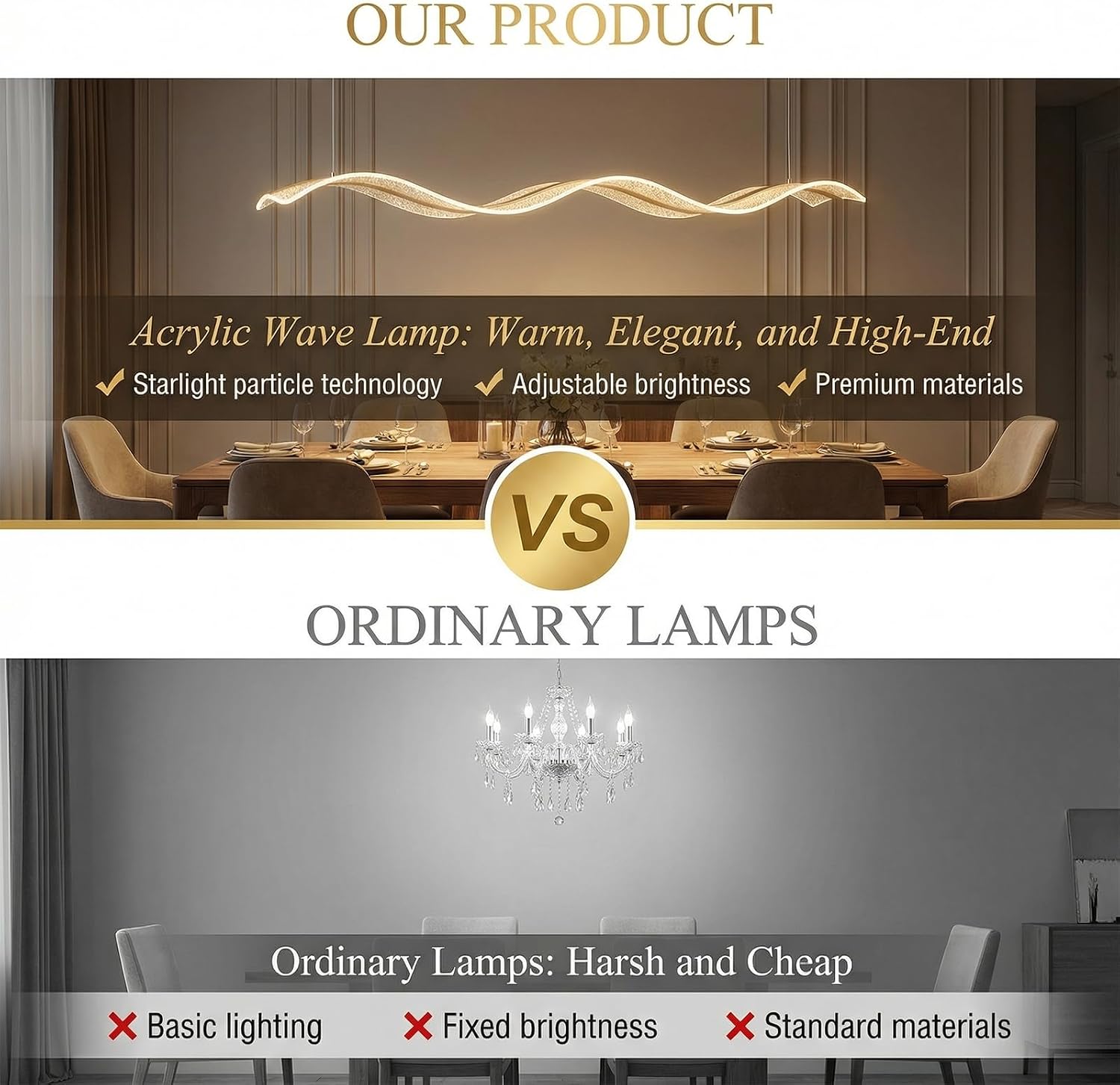 Modern LED Chandelier, Wave-Shaped Pendant Light with Gold Frame and Starry Acrylic Shade, Dimmable Ceiling Light Fixture for Dining Room, Kitchen Island, Living Room, Bedroom
