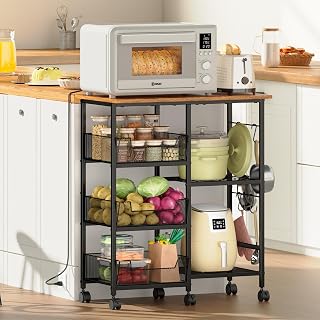 Lyuwanxian Rolling Microwave Cart - Kitchen Island with Adjustable Shelf, Lockable Wheels, Tilt-Out Baskets, 27.75x15.35 Inch Stainless Steel
