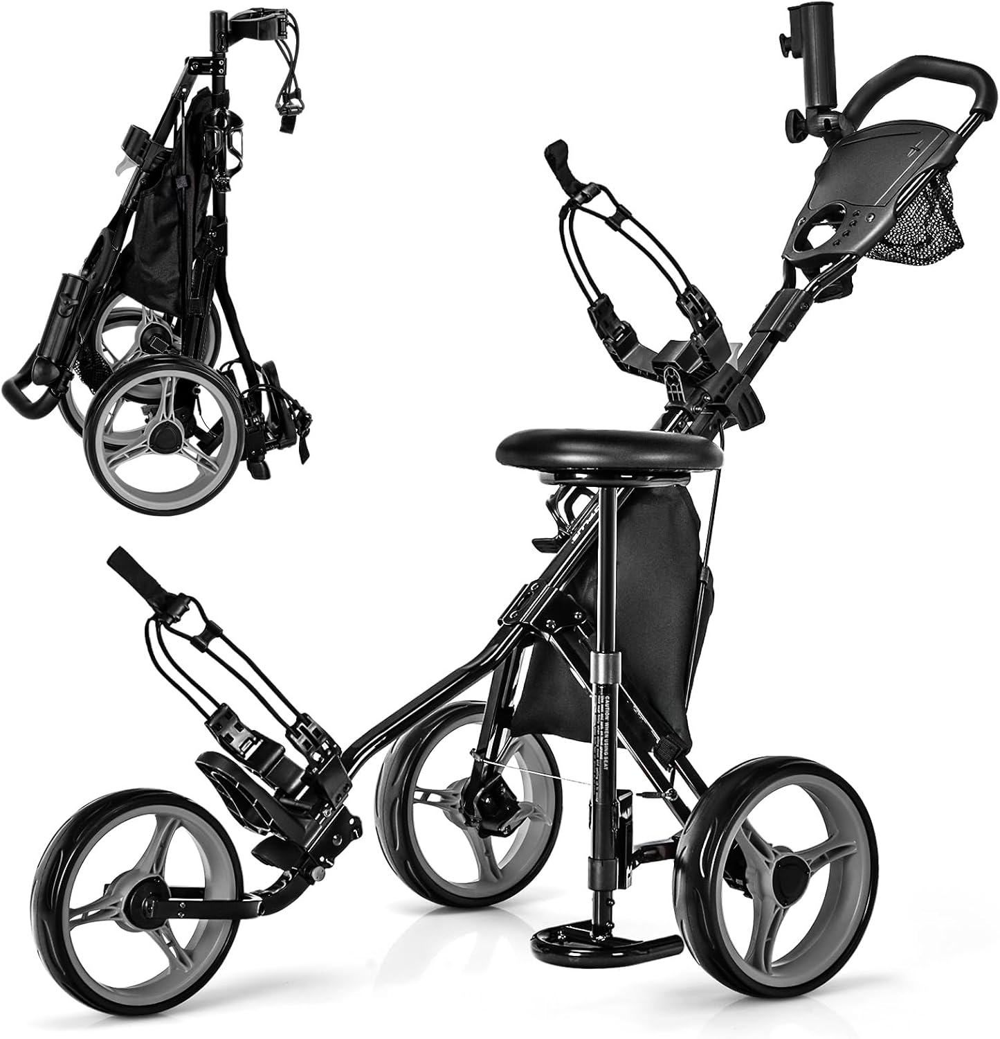 ULTIMATE 3 Wheel Golf Push Pull Cart, Foldable Lightweight Golf Bag Trolley w/Adjustable Seat and Handle, Scorecard Holder, Umbrella Holder, Cup Holder, Storage Bag and Foot Brake