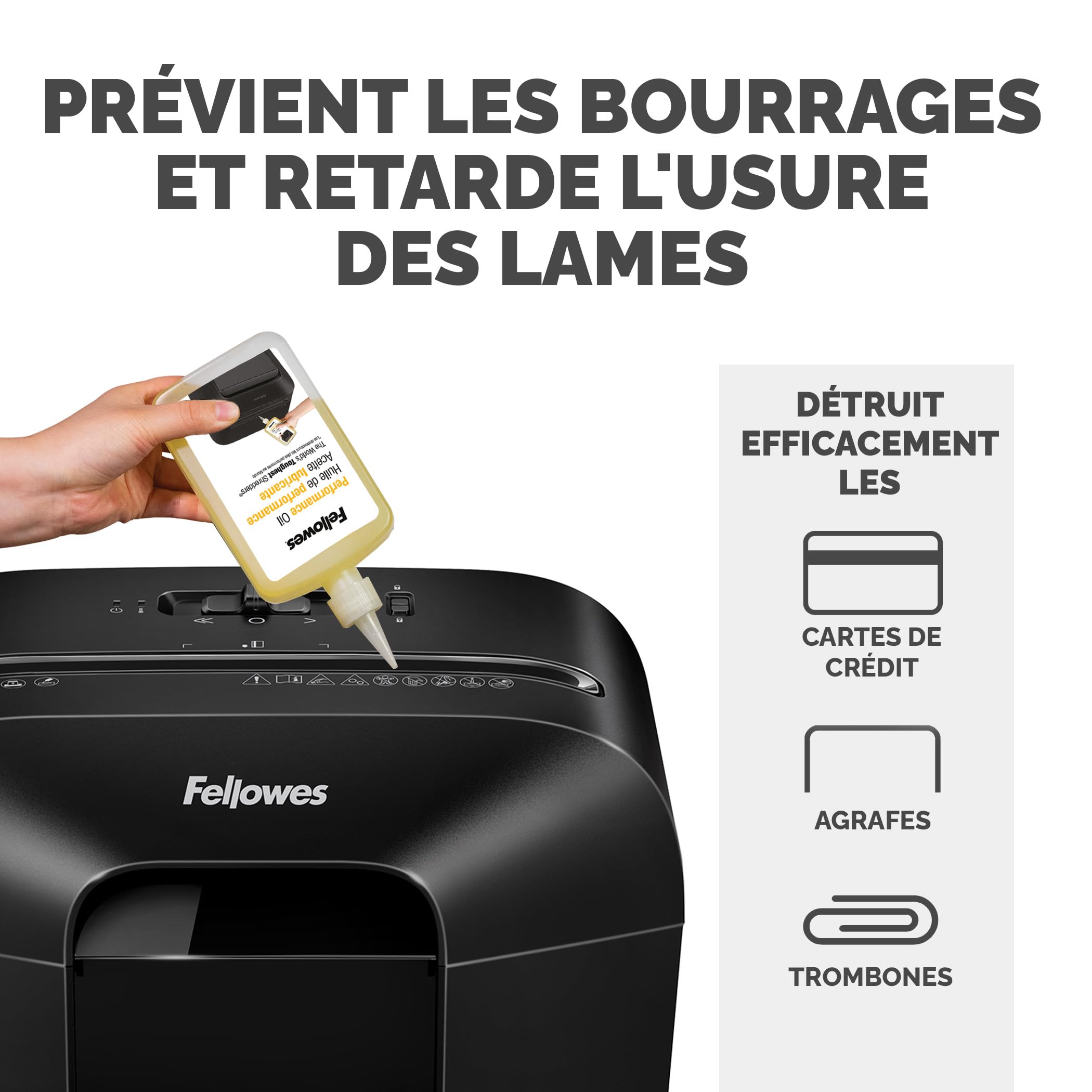 Fellowes Destructeur de Document LX50, destructeur de Papier avec agrafes, Trombones & Huile pour Destructeur De Papier Coupe Croisée Et Micro Coupe, 355ml