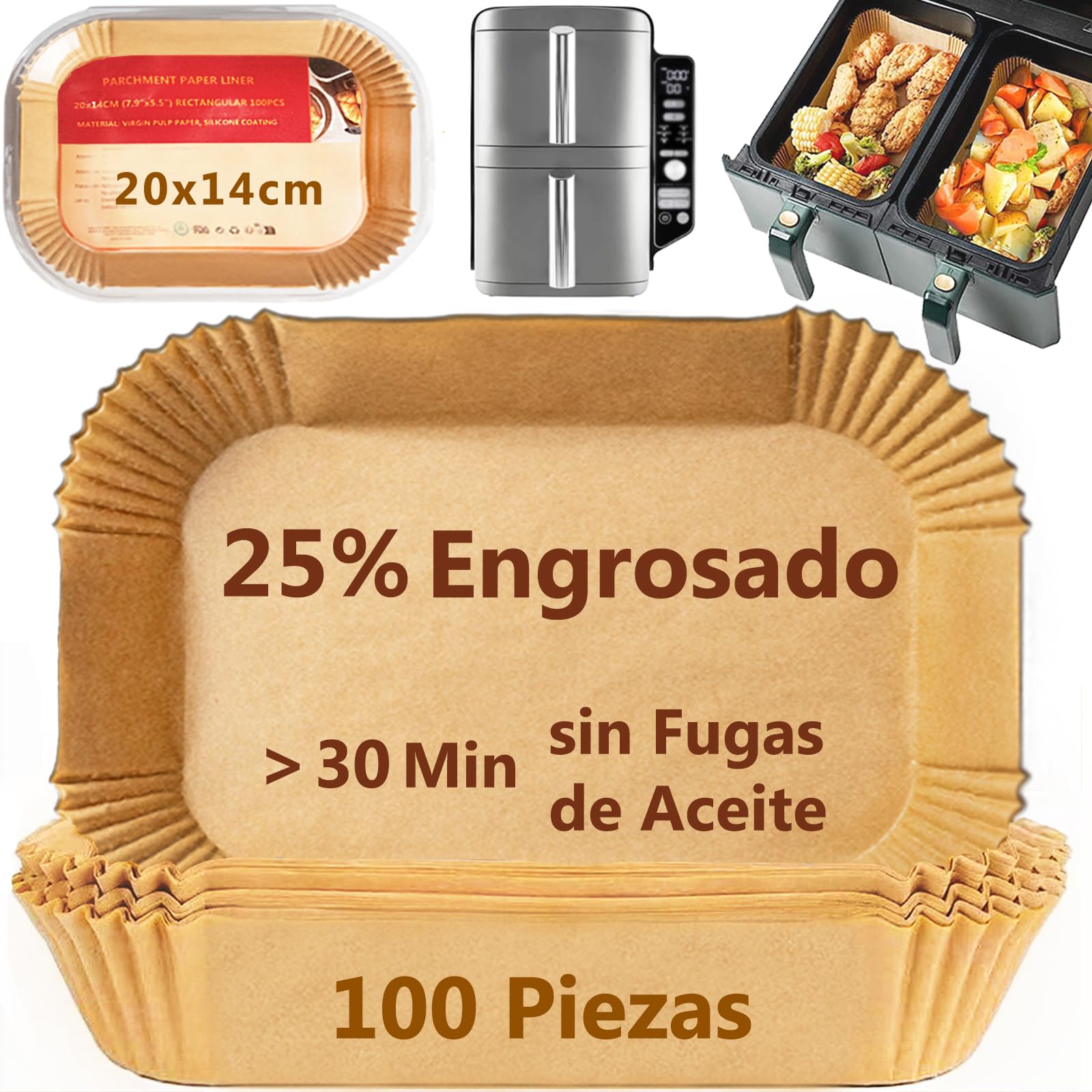 Papel para Freidora Aire Doble, 100 Piezas 20x14cm Engrosado Papel Air Fryer Rectangular, Accesorios Moldes Cubeta Bandeja Airfryer Baking Paper de Horno Dos Cajones - Espesor de 100μm