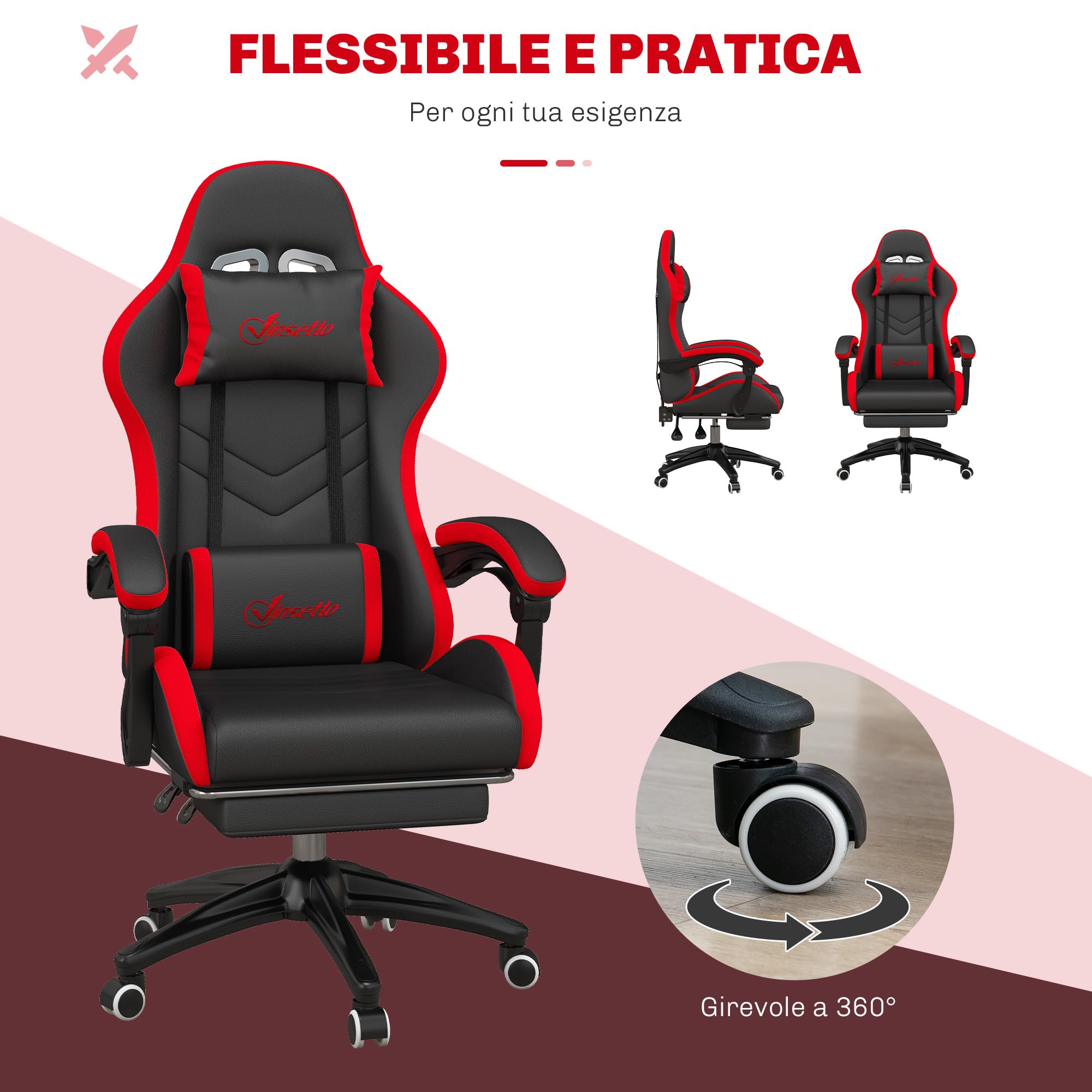 Vinsetto Sedia da Gaming Ergonomica in Pelle PU e Acciaio con Poggiatesta e Altezza Regolabile, Poltrona Gaming con Schienale Reclinabile e Cuscino Lombare, 65x65x121-129 cm, Nero e Rosso