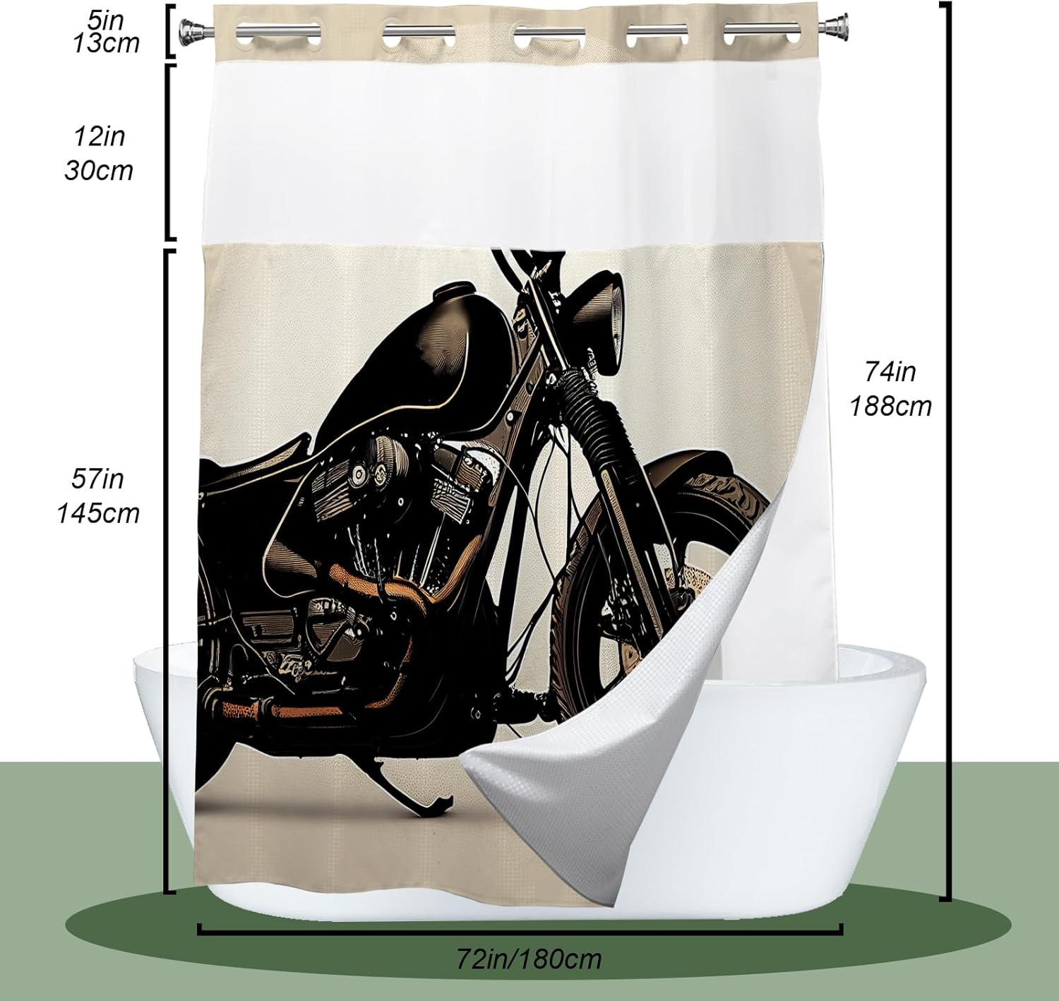 Cool Man Theme Motorcycle Shower Curtain with Snap in Fabric Liner Set, Detachable Liner, See Through Mesh Top Window, Waterproof Washable 72" W x 74" H Black and White