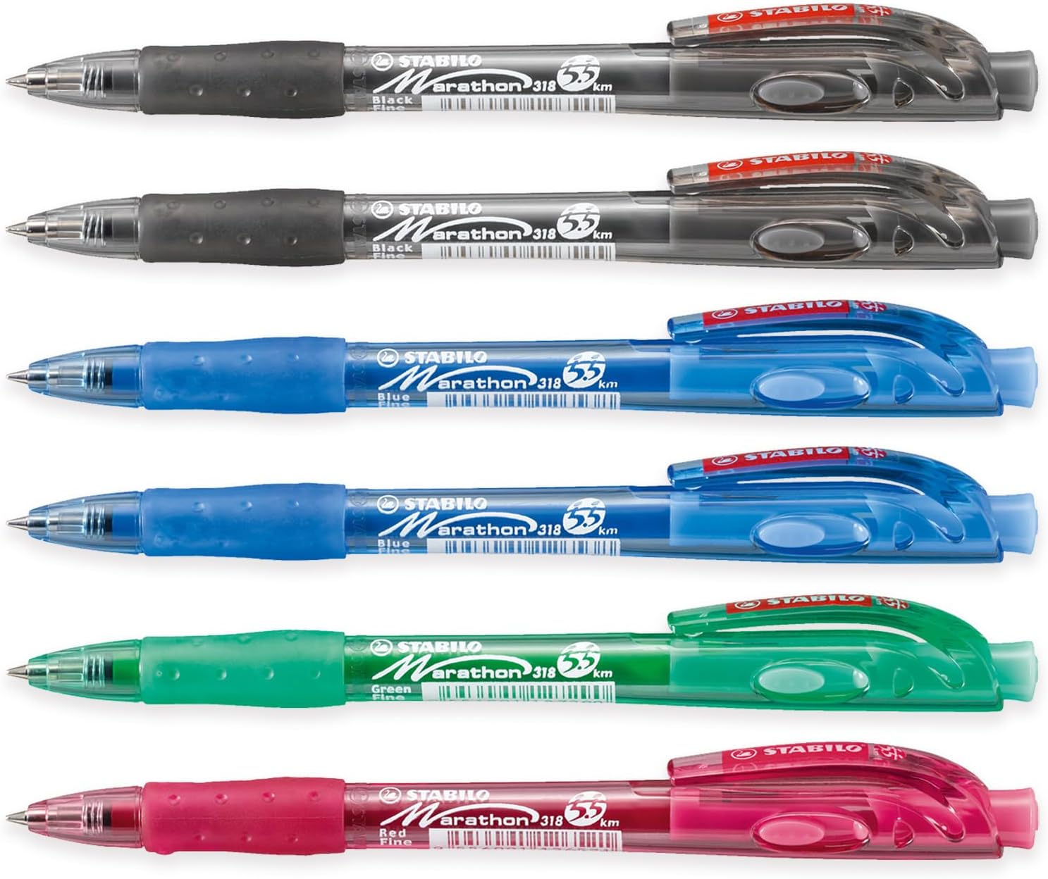 STABILO marathon - Retractable Ballpoint Pen - Fine - Pack of 6 (Black, Blue, Green, Red)