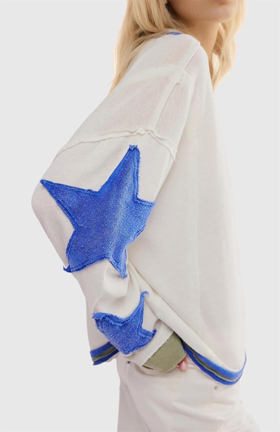 utcoco Oversized Sweatshirt for Women Star Patches Crew Neck Long Sleeve Shirts Hoodies Fashion Y2K Tops - Image 2