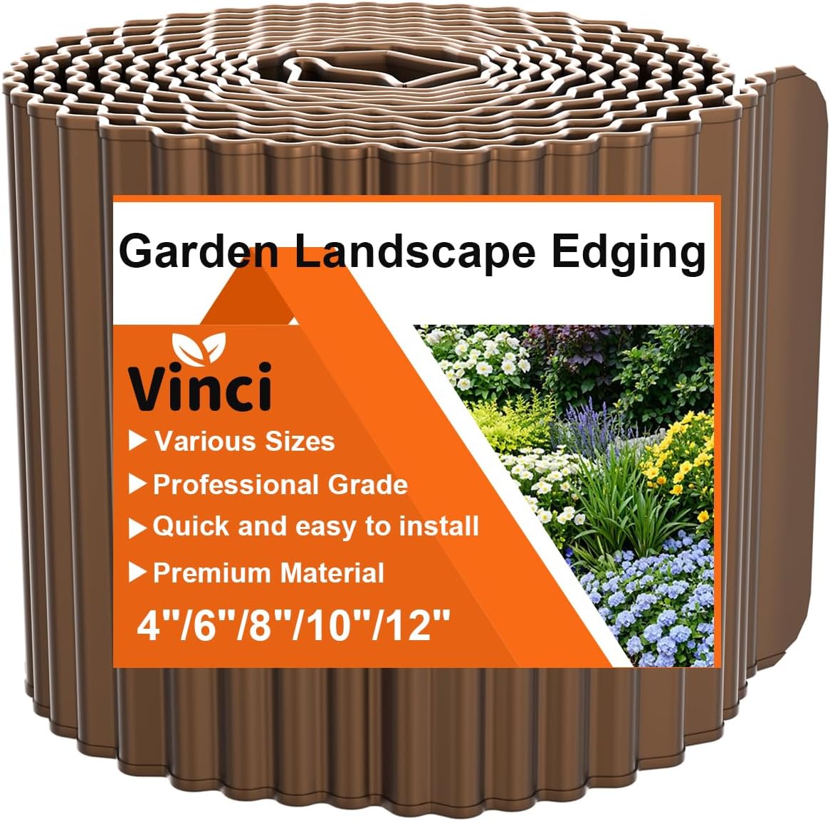 Vinci Garden Landscape Edging Border, 12 Inch x 20 FT Corrugated Sturdy Metal Easy Installation Safe Hemmed Lawn Garden Border Edges for DIY Flower Beds, Pathways and Patio Design (Brown)