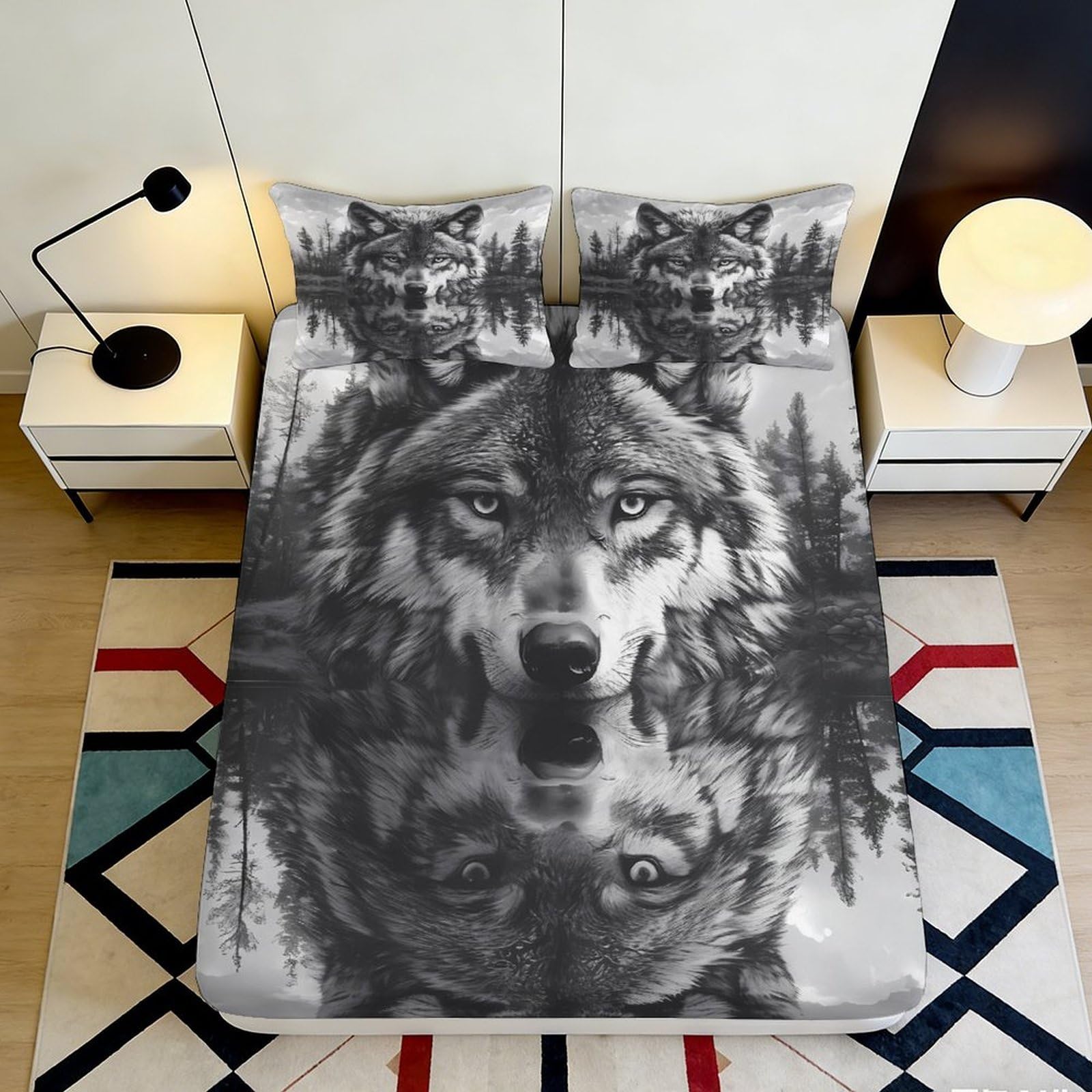 3D Printed Wolf Pattern Fitted Sheet Microfiber Durable Soft 3D Printed Forest Reflection Bed Cover for Bedroom Dormitory Guest Room Mattress Protection 120x200x25cm