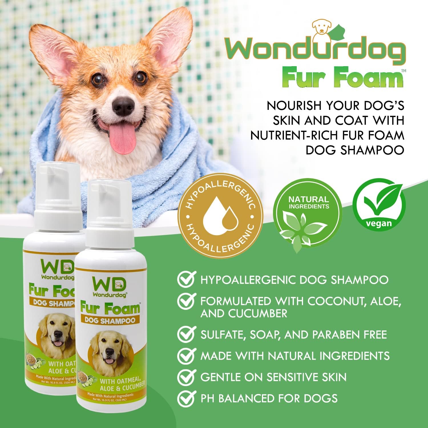 Wondurdog Deluxe Dog Wash Kit for Shower and Garden Hose + Fur Foam Dog Shampoo