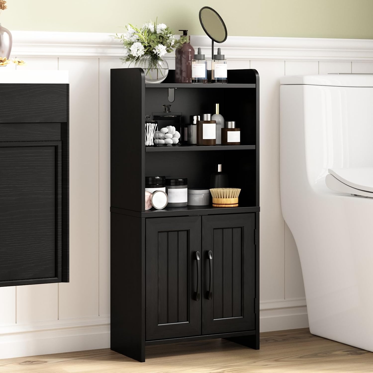 Small Bathroom Storage Cabinet with 2 Doors & Shelf,Line Black