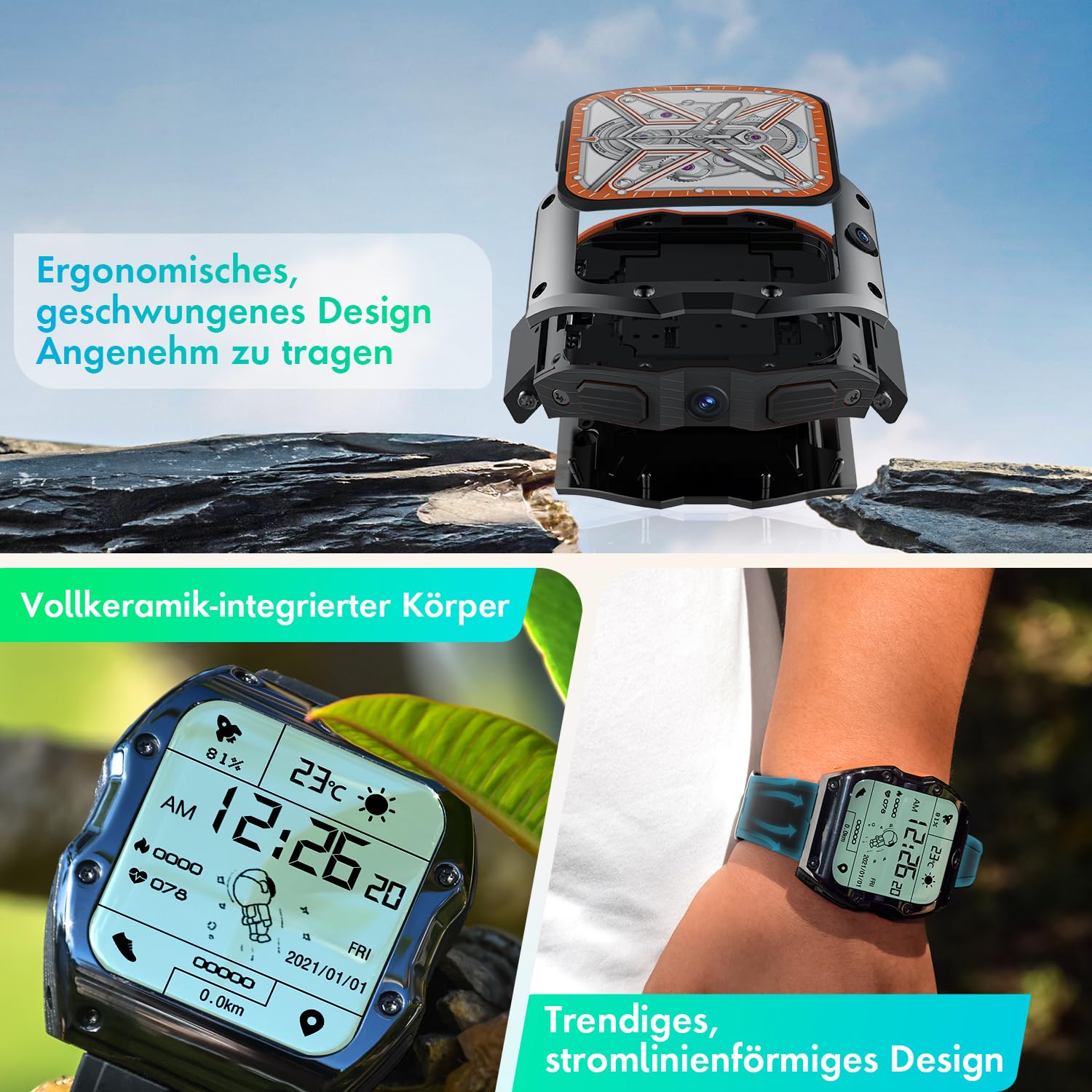 Rogbid 4G LTE Smartwatches, telefon dla mężczyzn, rozmowy i SMS-y, podwójny aparat 13 MP + 8 MP, wszystkie ceramiczne smartwatchy z gniazdem na kartę SIM, GPS, tętno, tlenek (czarny ceramiczny 128 GB)