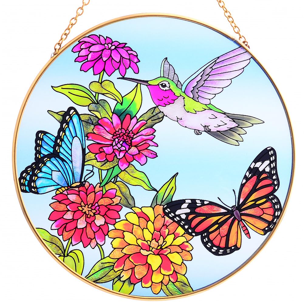 Hummingbird & Butterfly Suncatchers for Windows,6.3” Stained Glass Window Hangings,Hand-Painted Glass Panel Perfect for Home Décor and Gifts