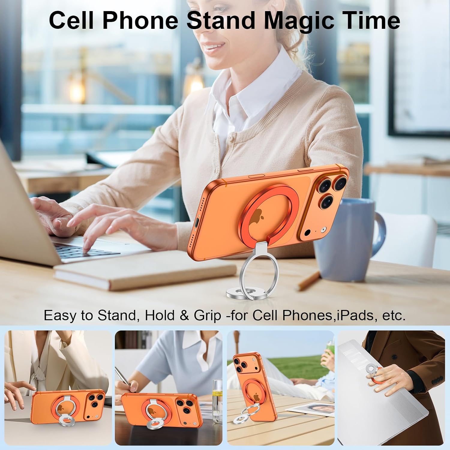 Magnetic Phone Ring Grip for iPhone 17e,17 Pro,17 Pro Max,17,Air 16 15,Dual-Sided Magsafe Ring Holder Phone Grip Stand for Samsung Galaxy S26 Ultra S26+ S25 S24,Kickstand for Magnetic Car Mount,Orange