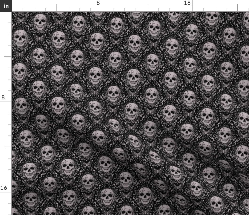 Spoonflower Fabric - Black and White Goth Skull Moth Damask Dark Floral Gothic Blackwork Printed on Petal Cotton Fabric Fat Quarter - Sewing Quilting Apparel Crafts Decor