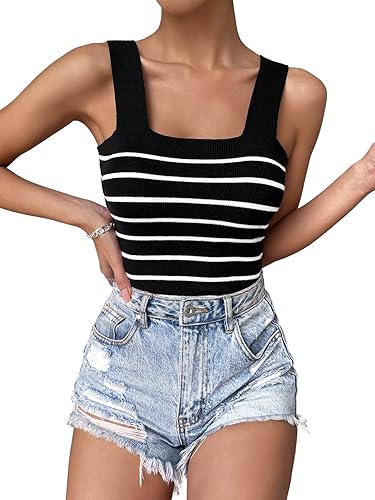 SOLY HUX Women's Square Neck Tank Top Basic Ribbed Knit Cami Casual Sleeveless Slim Fit Tops Black Striped M