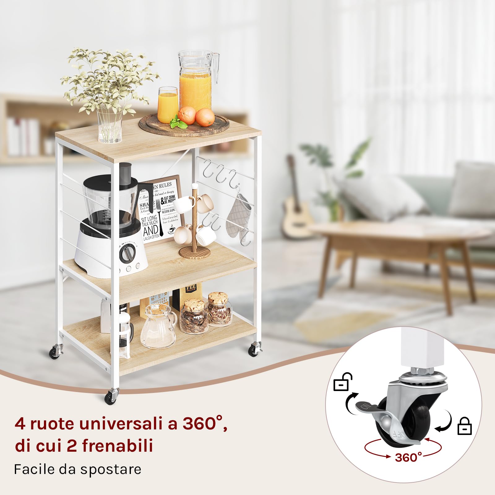 WOLTU Scaffale da Cucina con Ruote, Carrello Cucina a 3 Livelli, Scaffale per Microonde con 4 Ganci, Carrello da Bar con Struttura in Metallo, Bianco + Effetto Legno, 60x40x82,5 cm