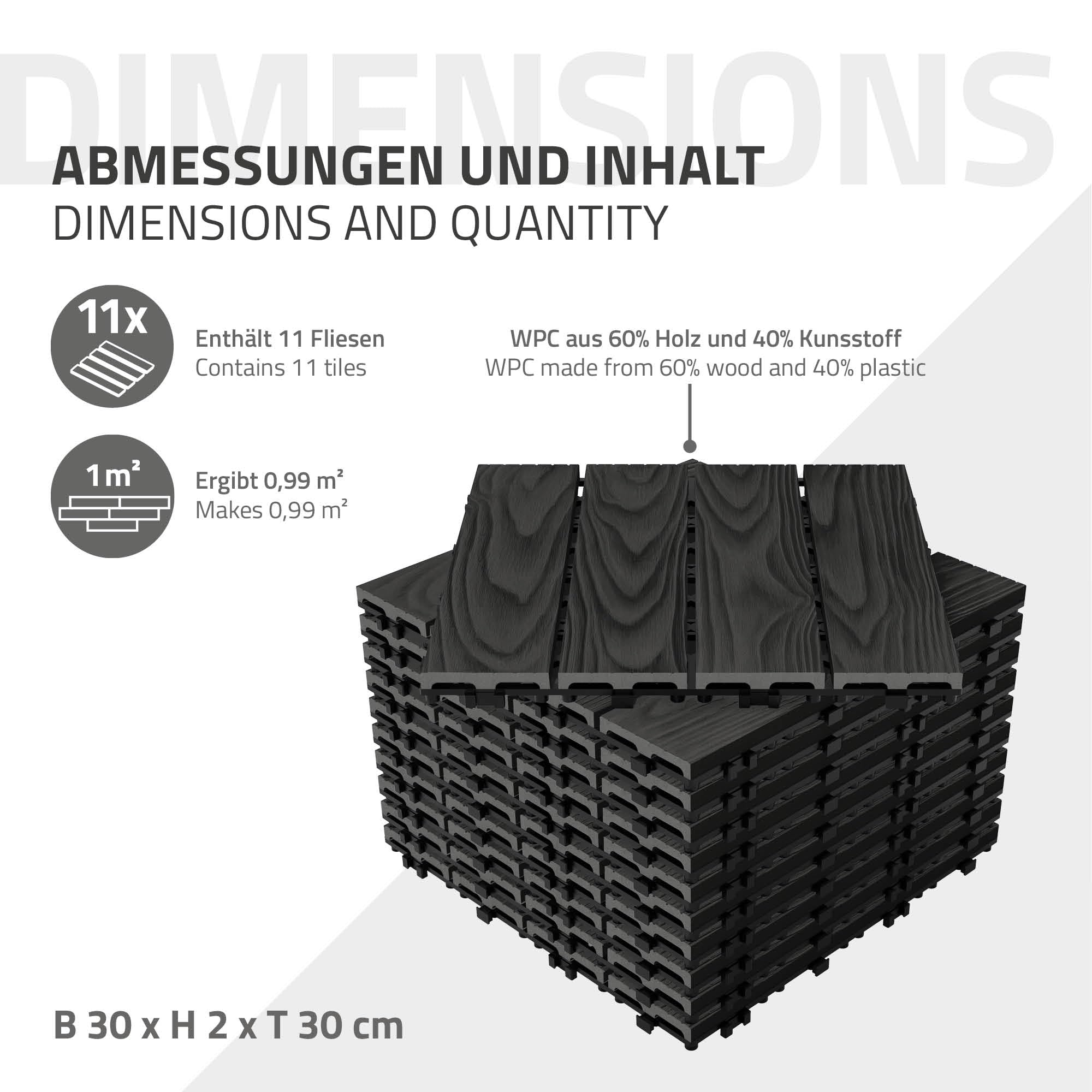 ECD Germany Baldosas de Patio WPC de 30x30 cm 11 Piezas para 1m² Aparencia de Madera Antracita con Sistema de Drenaje e Instalación Mediante Clic, Losa Aspecto Tabla de Leña para Terraza y Balcón