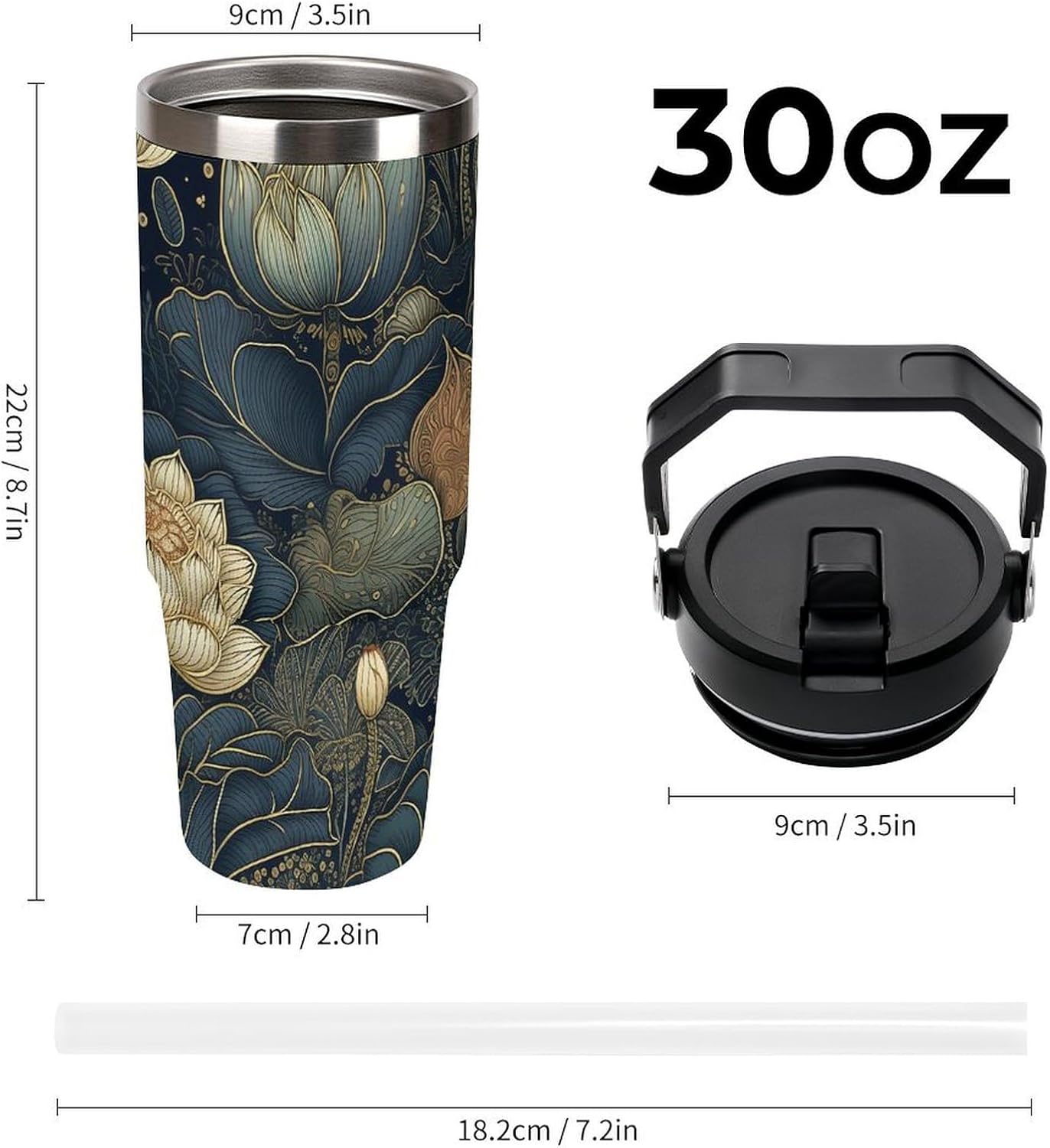 30oz Insulated Tumblers with Top Handle, Stainless Steel Intricate Flowers Car Cup with Straw for Gift, Leak-Proof Double Wall Vacuum Travel Mug, Personalized Water Bottles Black