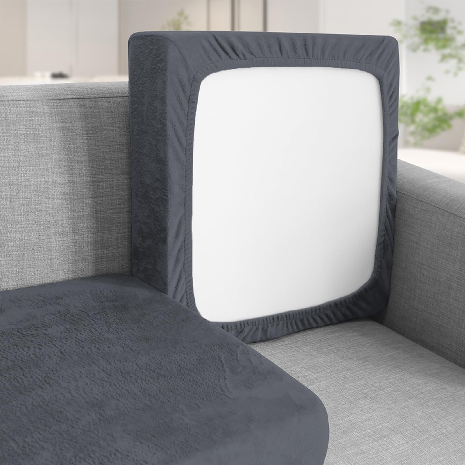 Teynewer Sofa Seat Cushion Cover, Sofa Cushion Slipcovers Stretch Velvet, Universal Non-Slip Couch Cushion Covers Replacement for Individual Cushion with Elastic Bottom (Chaise Cover, Dark Grey)
