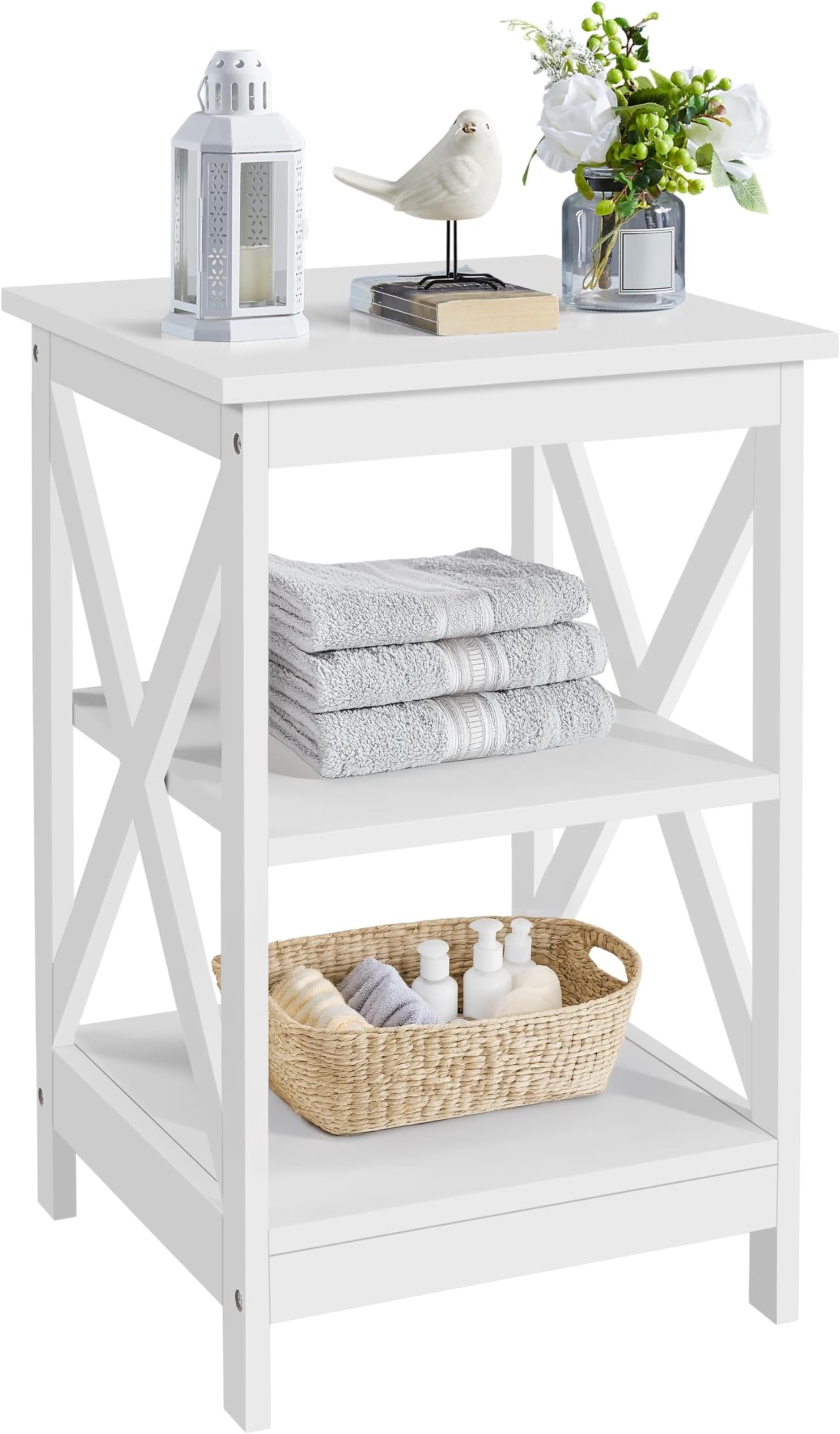Yaheetech 3 Tier Sofa Side End Table with Shelf, X Shaped Sturdy Large Chair Side Snack Table for Living Room, Display Unit Organizer, White, 15.7 x 15.7 x 24’’ (L x W x H)