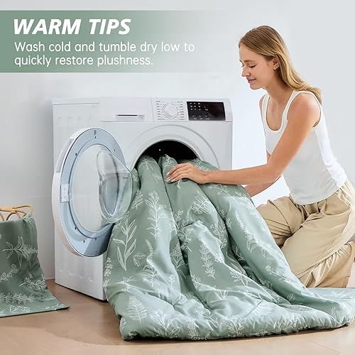 Miniatura 9 de MUXHOMO - Juego de ropa de cama Queen de 7 piezas, diseño reversible verde salvia patrón de flores botánicas, ultrasuave y transpirable con edredón,