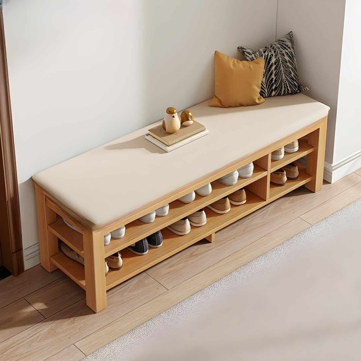 KLGFBDC Entryway Bench with Shoe Rack - Cushioned Wood Storage Bench for Hallway and Mudroom - Functional and Stylish Design
