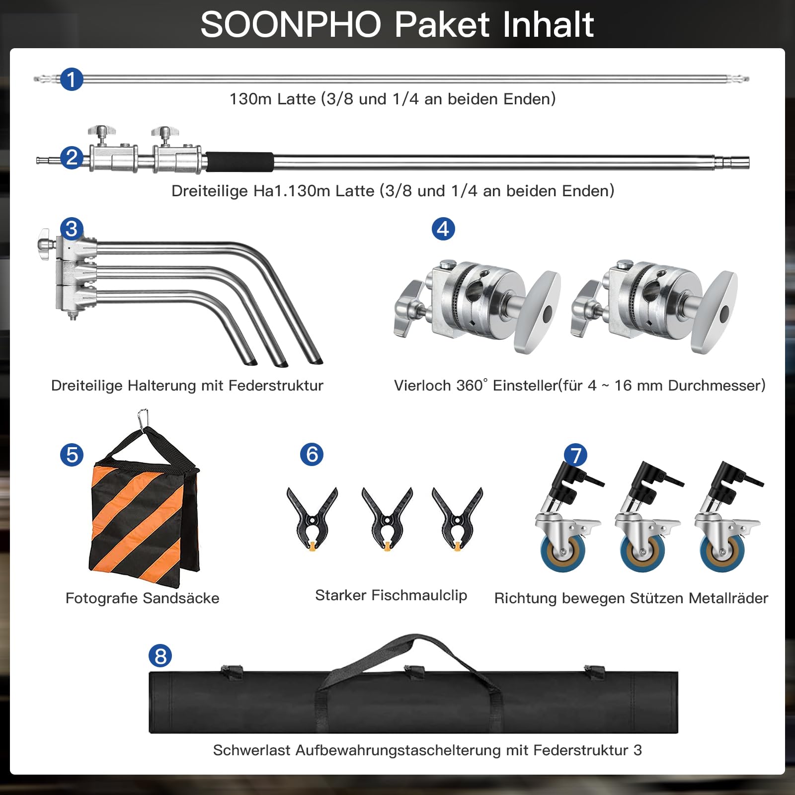 Soonpho Cavalletto C Stand,3,3 m Regolabile Supporto Luce, Con Asta Di Prolunga Da 1,2 m 3 Ruote,2 Teste di Presa & Borsa per Fotografia in Studio Riflettore Ombrello Monoluce,Softbox