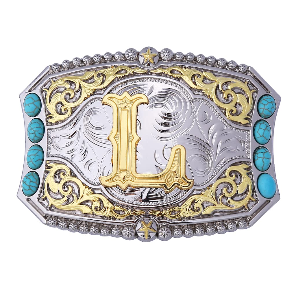 BtilasifTurquoise Belt Buckle Western Cowboy Rodeo Initial Letters ABCDEFG to Z Belt Buckle for Men