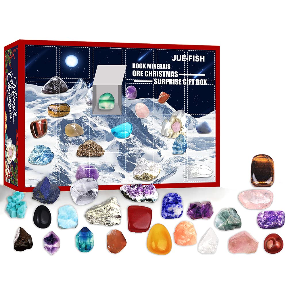 Rushbom Healing Crystal Advent Calendar 2021 Art Calendar - 24 Pcs Ore Box Christmas Mineral Gift Box Christmas Countdown Calendar Stone Education Toys for Kids Adults Party Gifts (style B)