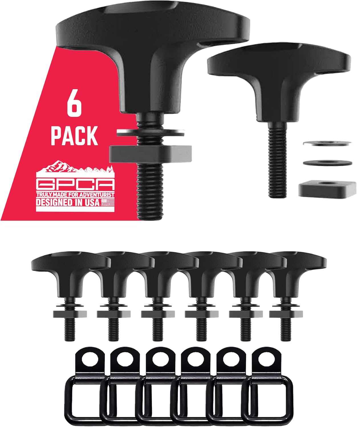 GPCA - Quick-Release Tie Down Anchors D-Ring Set W/Screw Nuts, Top Removal Lift, Jeep Wrangler Accessories for 4xe, JL, JK and 2007-2025 Models, Hard top Removal Cargo Tie Downs & Hooks 6 pack (black)