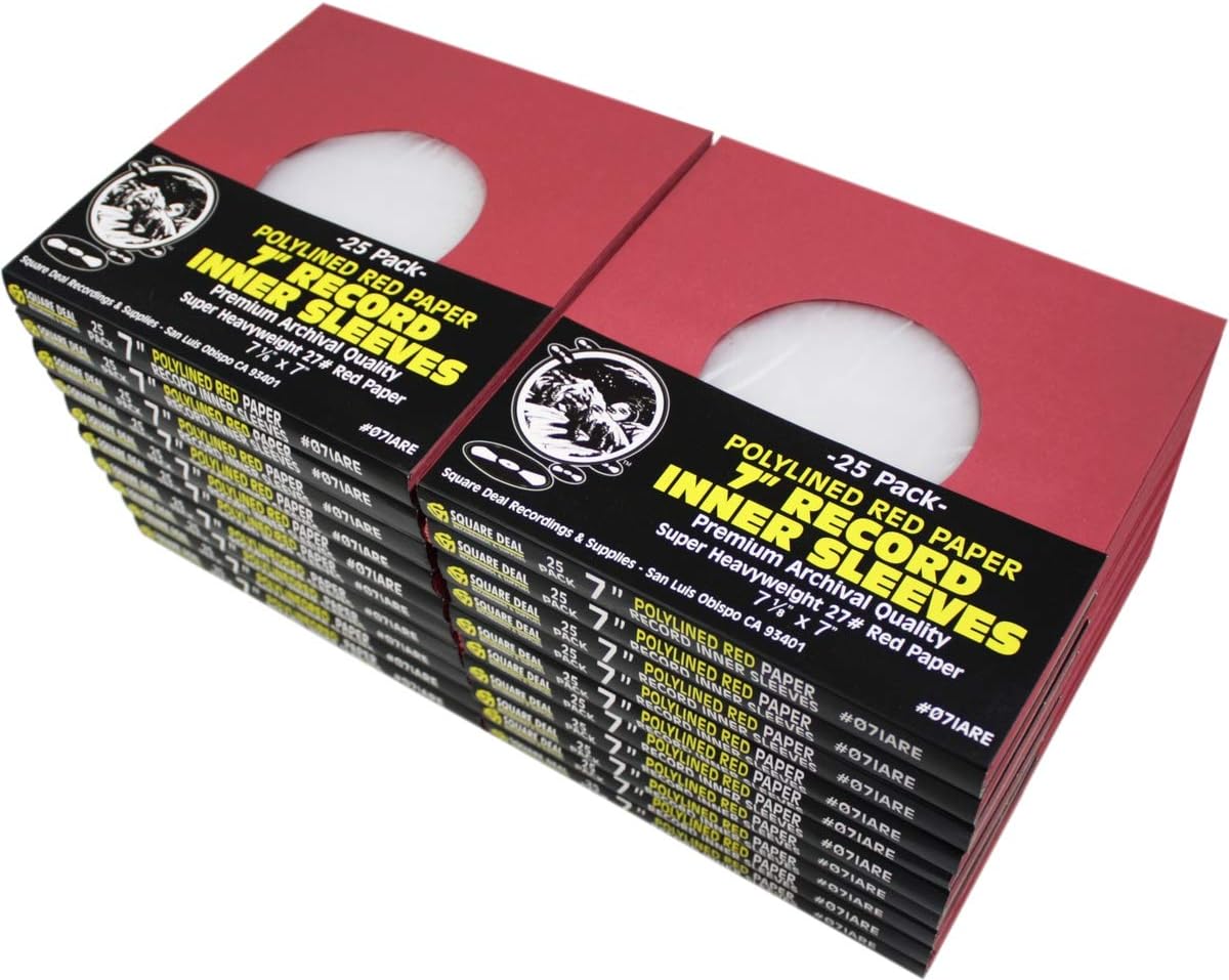 (100) Super Heavyweight Polylined Red Paper Inner Sleeves for 7" Records - Archival Quality, Acid-Free, Static-Free - Premium Protection - #07IARE