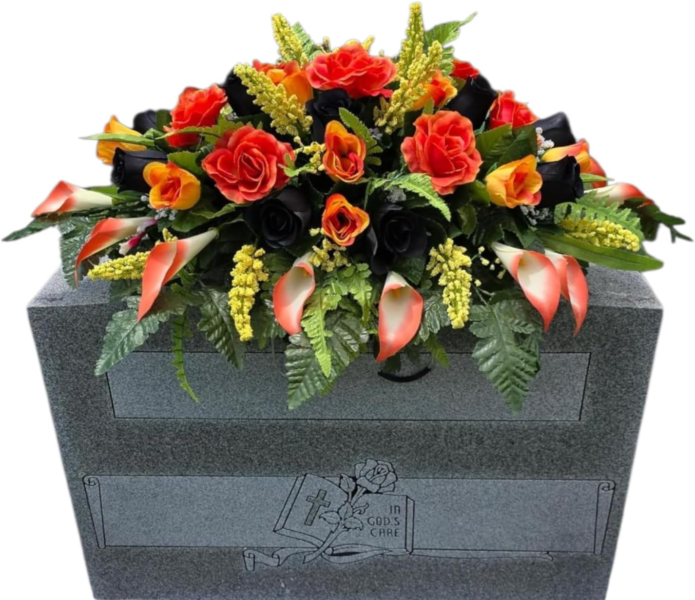 Cemetery Headstone Saddle with Orange and Black Roses - Funeral Flowers for Halloween, Fall, Motorcycle Biker Memorial Decoration